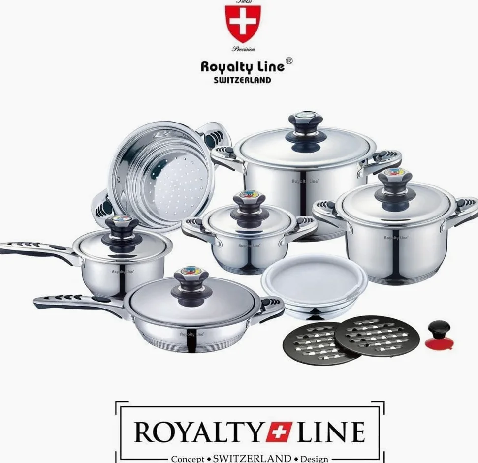 Set da cucina Batteria Pentole 16 pezzi PROFESSIONALE Royalty Line Switzerland, acciaio inox 18/10