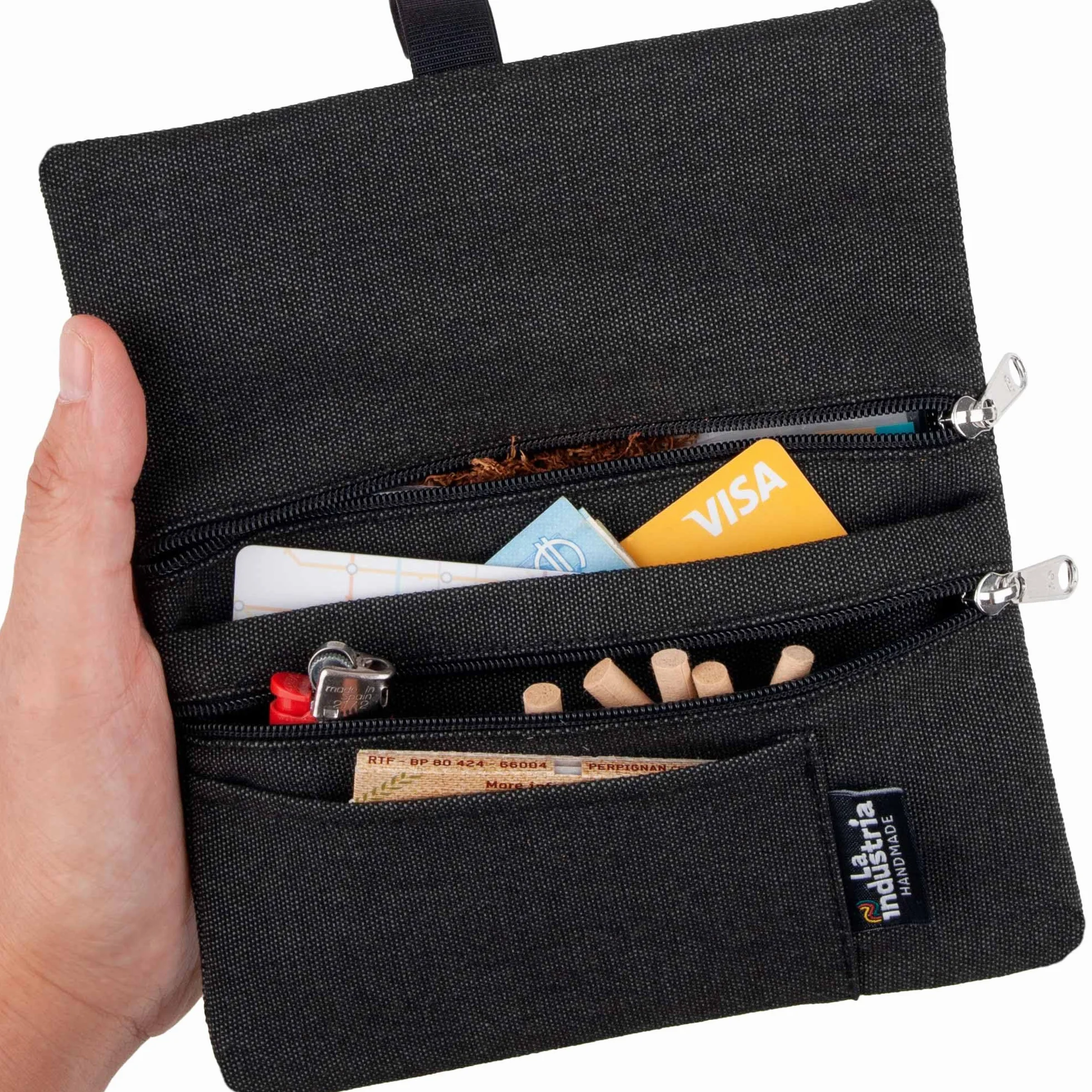 Porta Tabacco in Tessuto Idrorepellente Astuccio Portatabacco con Cartine, Filtri e Accendino (Nero)
