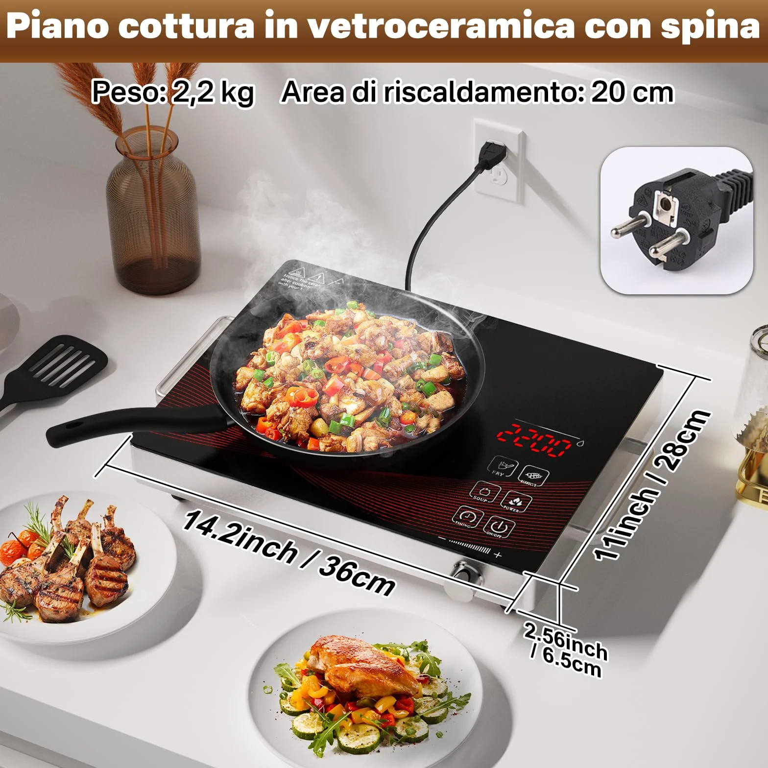 Fornello Elettrico 1 Fuoco a Infrarossi Portatile, Piastra Vetroceramica con Controllo Touch, Temperatura Regolabile RR-912-Black