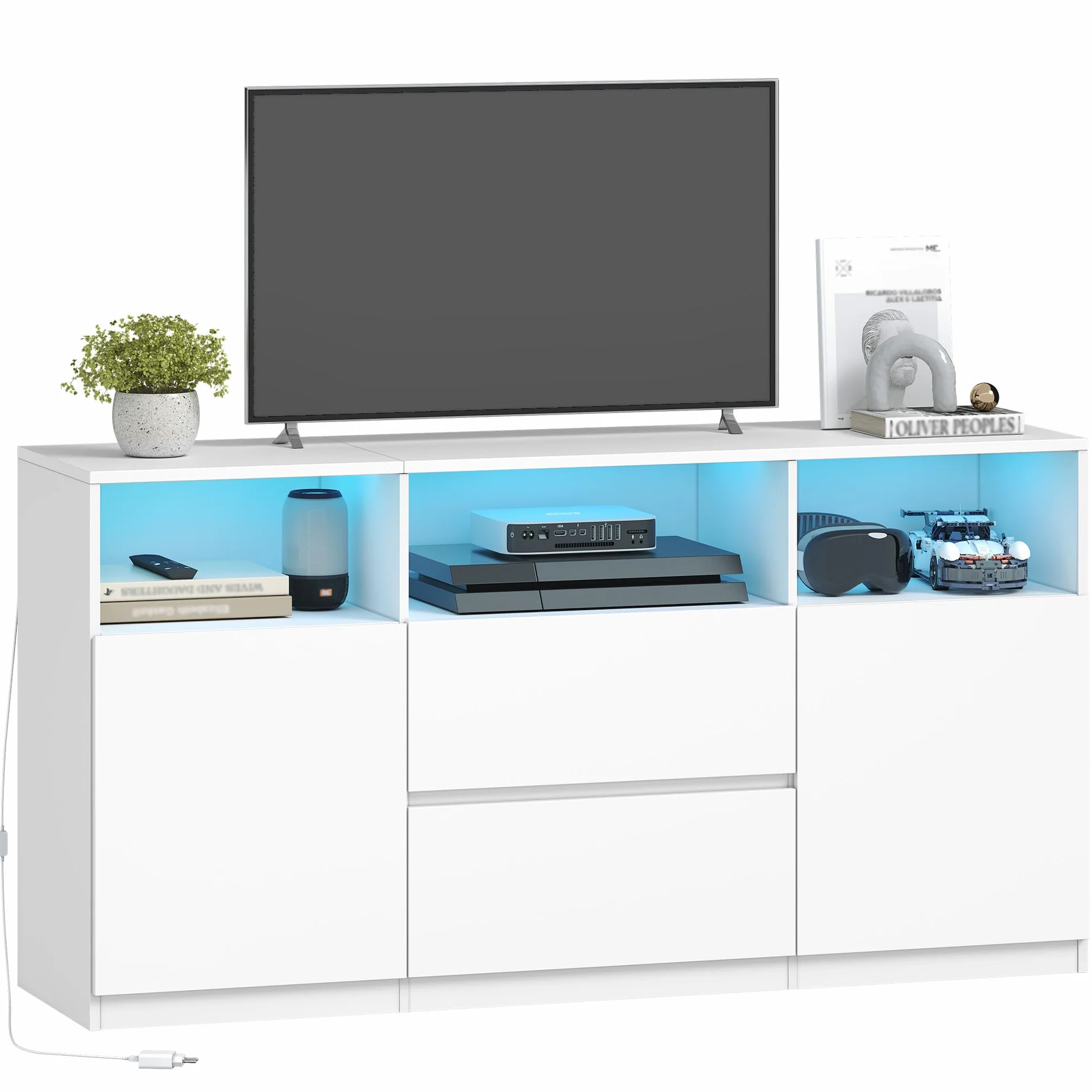Hzuaneri Mobile TV, Tavolino Porta TV fino a 65 Pollici, con 2 Cassetti, 2 Gabinetto, 3 Scomparti Aperti, Luci LED, 147 x 40 x 76 cm, Soggiorno, Camera da Letto, Bianco TV17003XEU