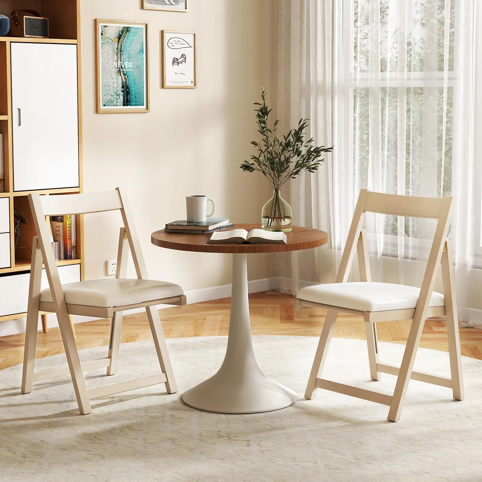 GIANTEX Set di 2 sedie pieghevoli, imbottite, con telaio in legno di gomma e schienale inclinato, per cucina, soggiorno e balcone (beige)