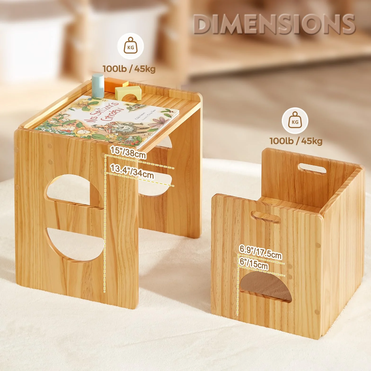 FUNLIO Set di tavolo e sedia Montessori regolabili in altezza per età 1-3, in legno massiccio, set di sedia da tavolo per bambini per leggere/mangiare/giocare - Naturale