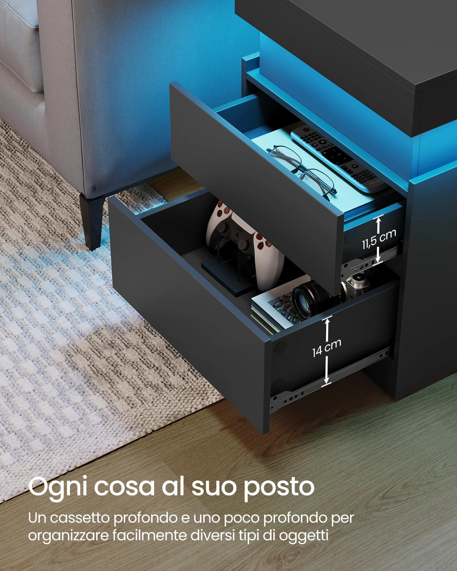 VASAGLE KAILYN Collezione - Comodini con Multipresa, Set di 2, Tavolini con Piano Scorrevole, 2 Cassetti, Striscia LED, Stile Moderno, 35 x 40 x 55 cm, Nero Inchiostro LET840BC01