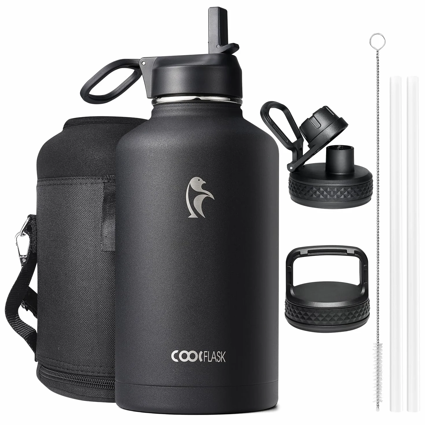 Coolflask Bottiglia D'acqua Isolata 2L con Cannuccia e 3 Coperchi - Doppia Parete Sottovuoto, Nero