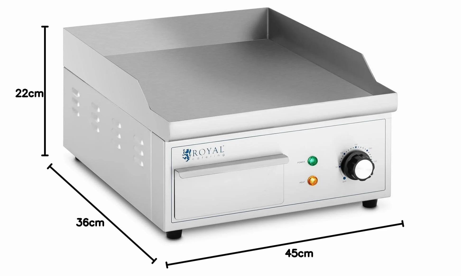Royal Catering RCPG45-S - Padella elettrica 350 x 380 mm, piatta, 2000 W, griglia elettrica con parte superiore elettrica, griglia elettrica e piano cottura (acciaio inossidabile, ghisa)