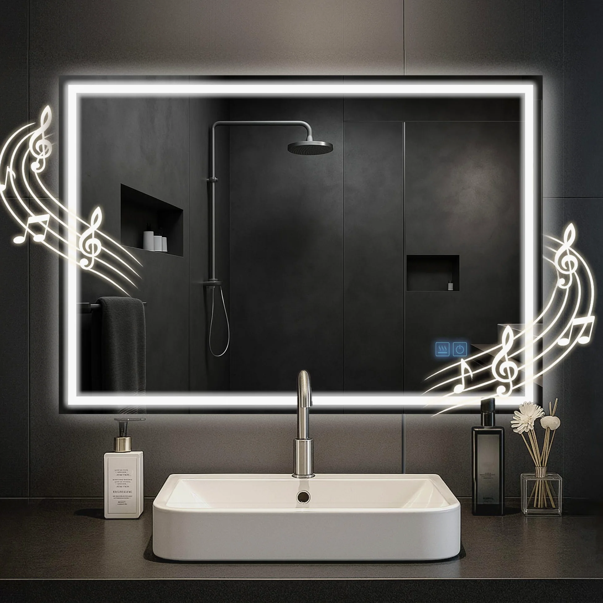 CLP Specchio da bagno Jaffrey, altoparlante Bluetooth, antiappannamento, specchio da parete con illuminazione a LED, dimmerabile, Dimensione:70x100 cm