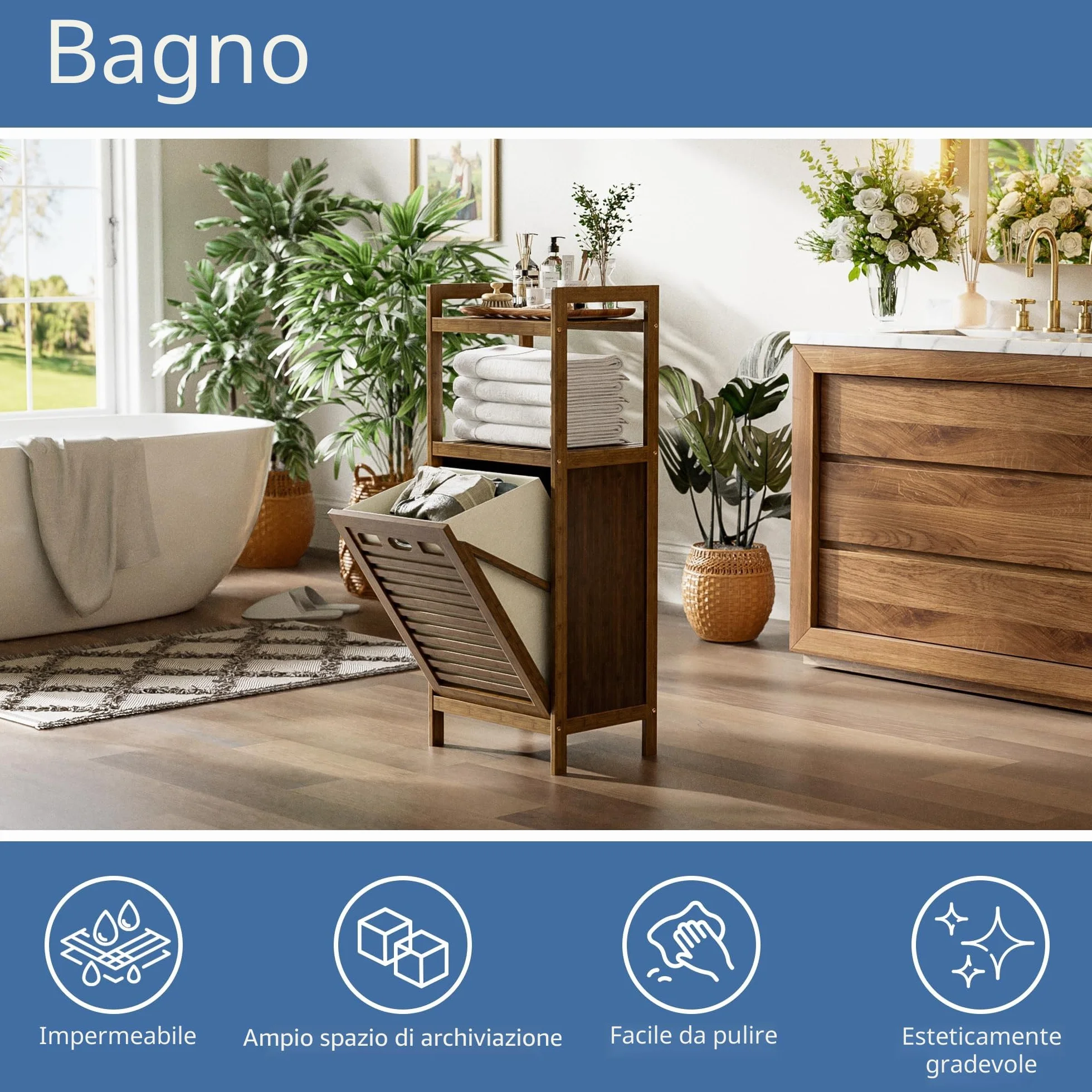 HITNET Mobile Bagno con Portabiancheria, Mobiletto Bagno da Terra in Bambù 2 Ripiani con 1 Cesto Portabiancheria, 40L Sacco Interno Rimovibile con Maniglie per Lavanderia e Camera da Letto, Noce