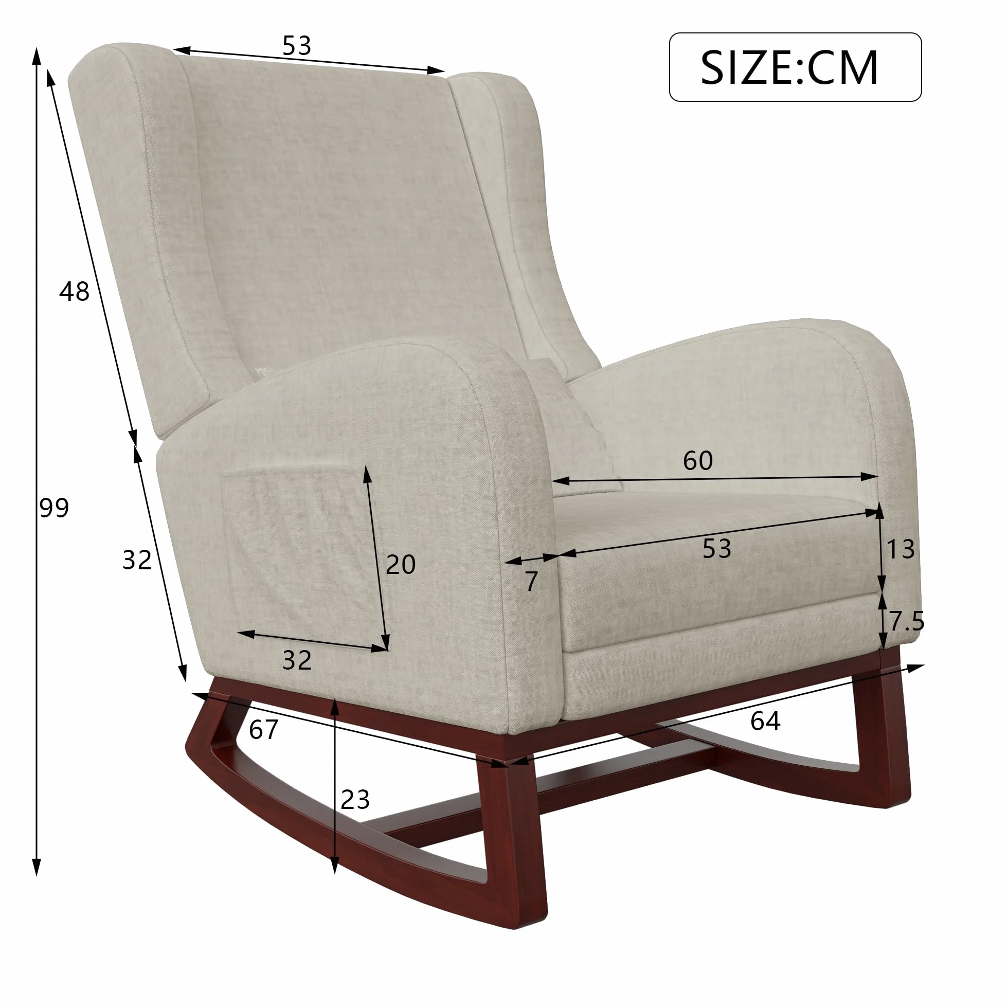 Generisch Sedia a dondolo con poggiapiedi estraibile, poltrona relax con schienale alto e cuscino lombare, poltrona con tasche laterali. Poltrona da lettura per soggiorno/camera da letto (lino, beige)