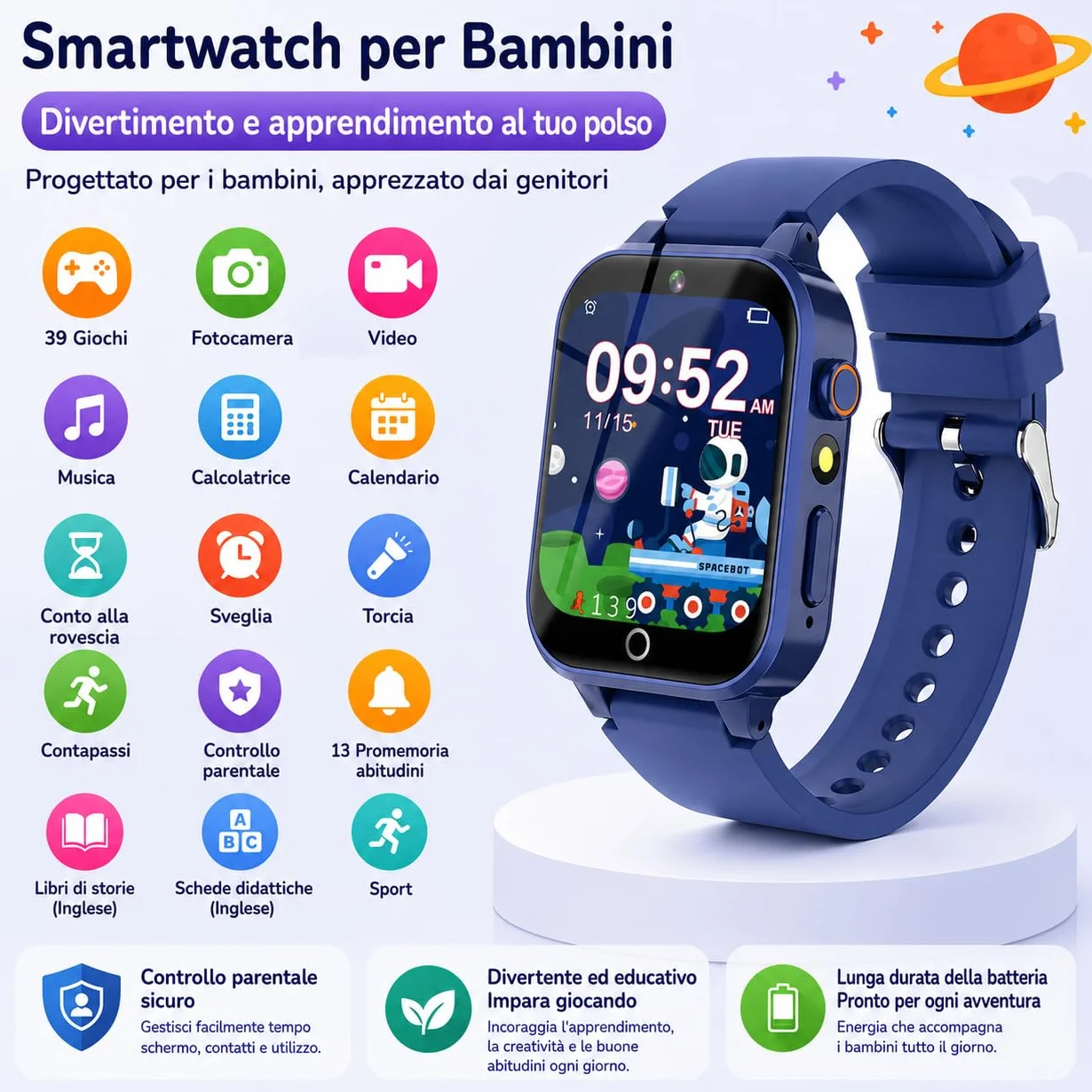 Smartwatch Bambini 39 Giochi Contapassi Fotocamera Torcia Sveglia Educativo Regalo Scheda SD Integrata