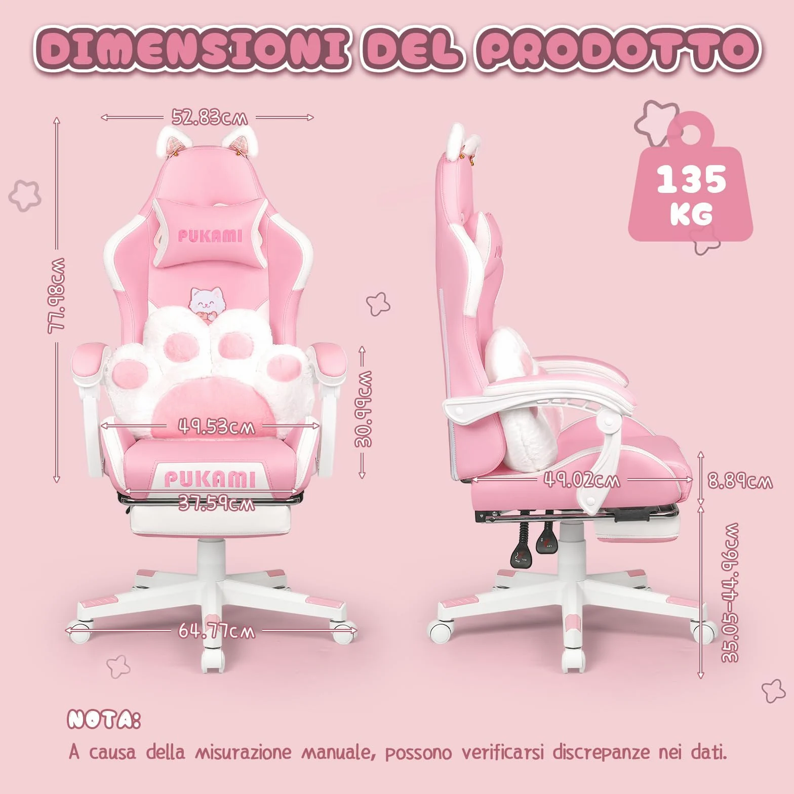 Waleaf Sedia Gaming Rosa, Sedia da Gaming Ergonomica con Regolabile Poggiapiedi, Poggiatesta, Supporto Lombare, Poltrona per Computer con Orecchie da Gatto, Altezza Regolabile
