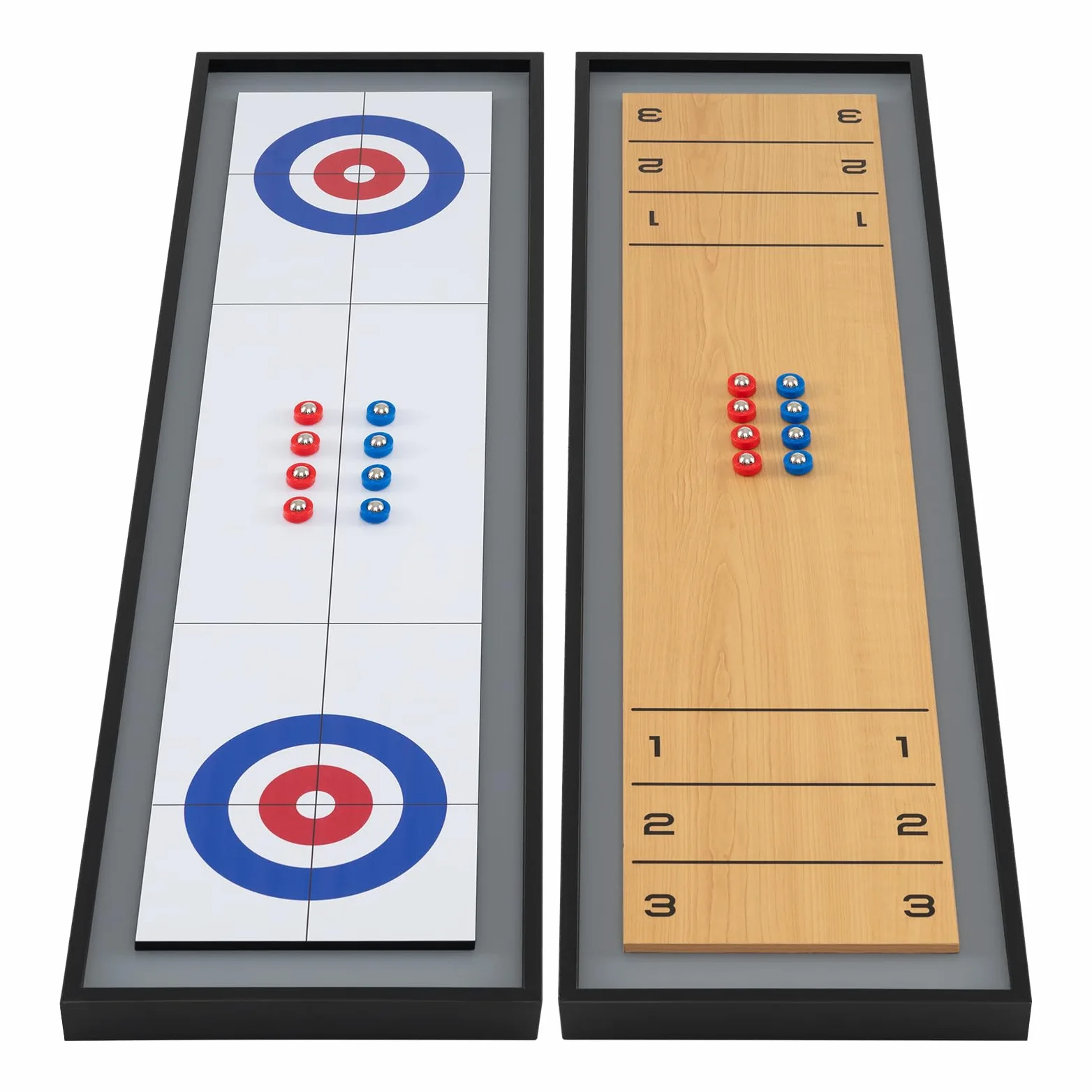 RELAX4LIFE Tavolo Multigioco 2 in 1, Numeri e Graduazioni Chiari, Bifacciale Shuffleboard e Curling con 4 Dischi Rossi e 4 Blu per Riunioni Festive in Famiglia