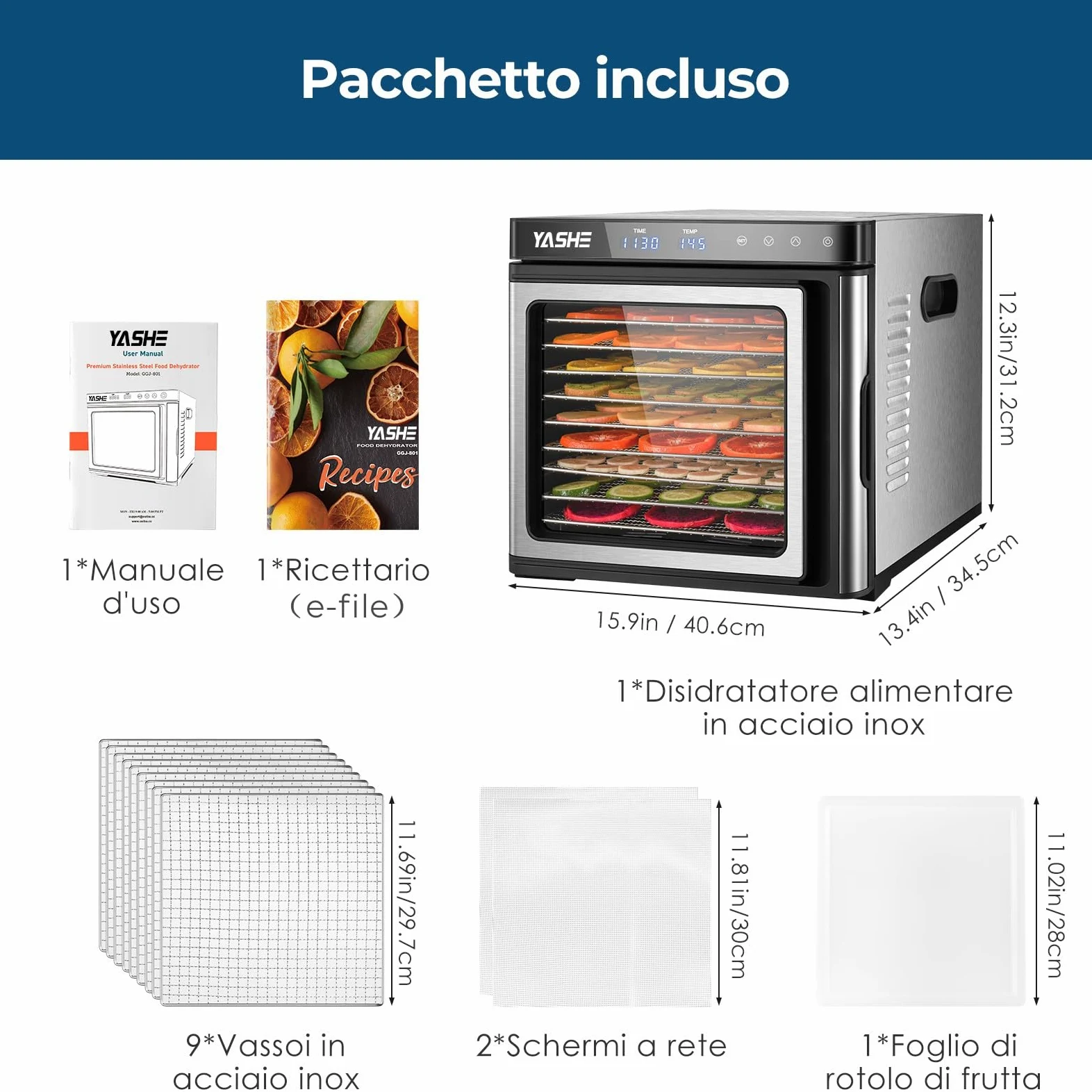 Essiccatore Alimentare in Acciaio Inox, Regolazione Precisa della Temperatura (35-75°C), Timer di 48 Ore, 9 Vassoi in Acciaio Inox, 2 Setacci in Rete, 1 Vassoio per Rotoli di Frutta, 1000W