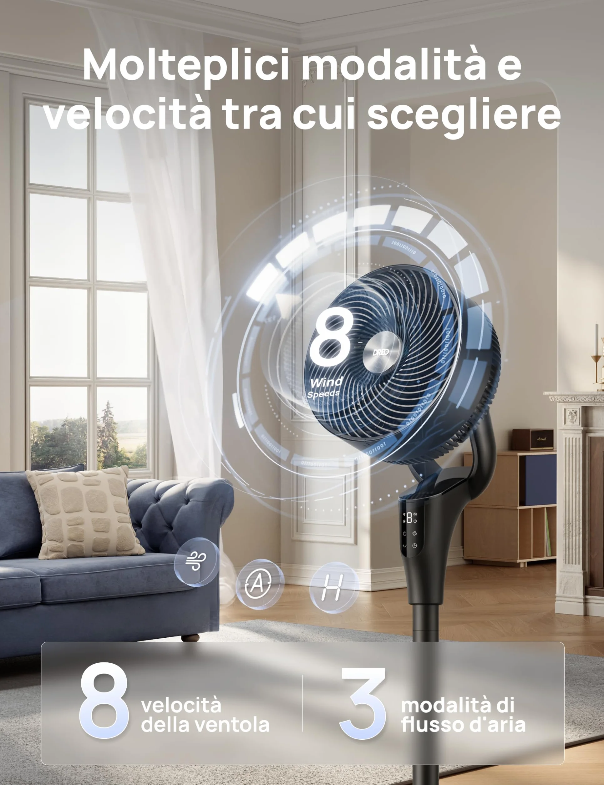 DREO Ventilatore a Piantana Silenzioso per Camera da Letto [Aggiornato], Flusso d’Aria 27m, 20dB, Oscillazione 90°, Motore DC, 8 Velocità, 3 Modalità, Altezza 96–106cm, Timer 8H, Inclinazione 105°