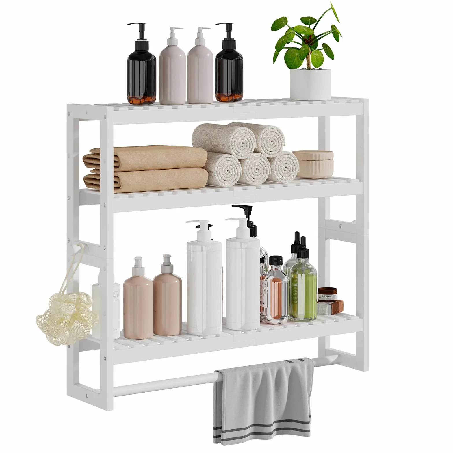 Mensola portaoggetti da bagno 50x53,2x15 cm 3 livelli regolabili bambù bianco con asta appendiabiti