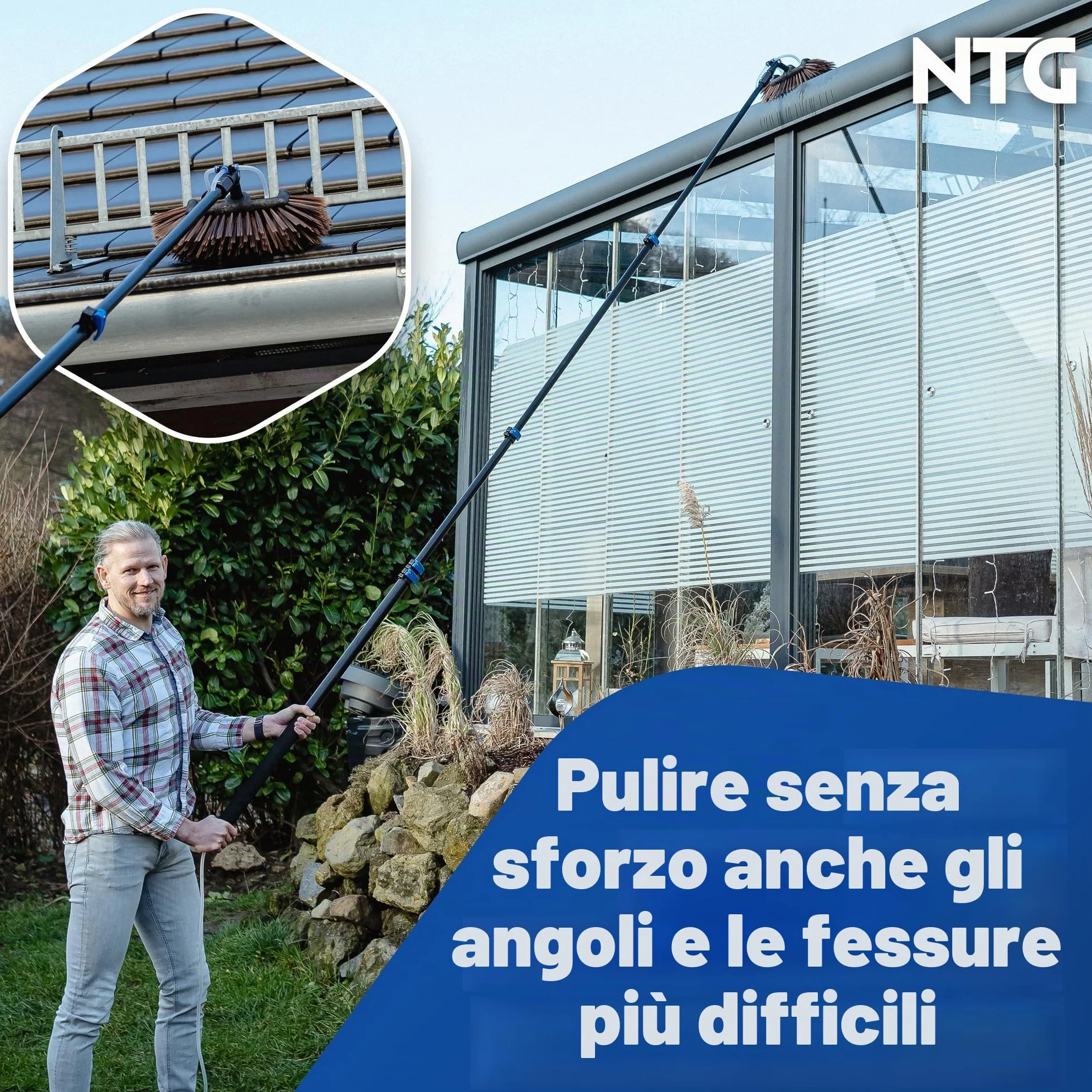 NTG Spazzola telescopica 1,68 – 7 m 3 in 1 con setole morbide + panno microfibra e estrattore acqua + dispenser sapone finestre, solare (fino a 4,6 m)