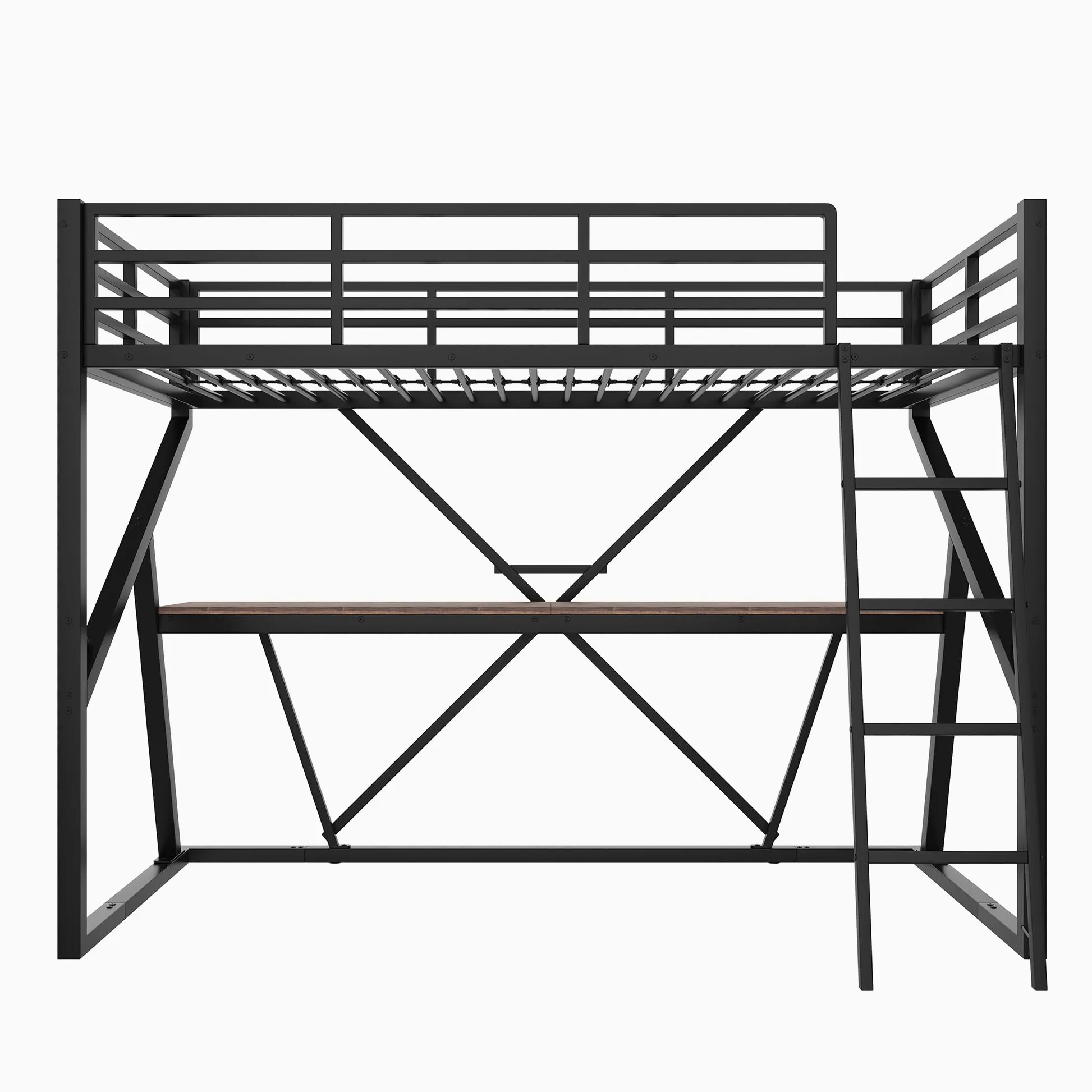 Moimhear Letto a soppalco 90 x 200 cm, telaio in ferro, striscia LED, ringhiera, scale, scrivania, senza materasso (nero)