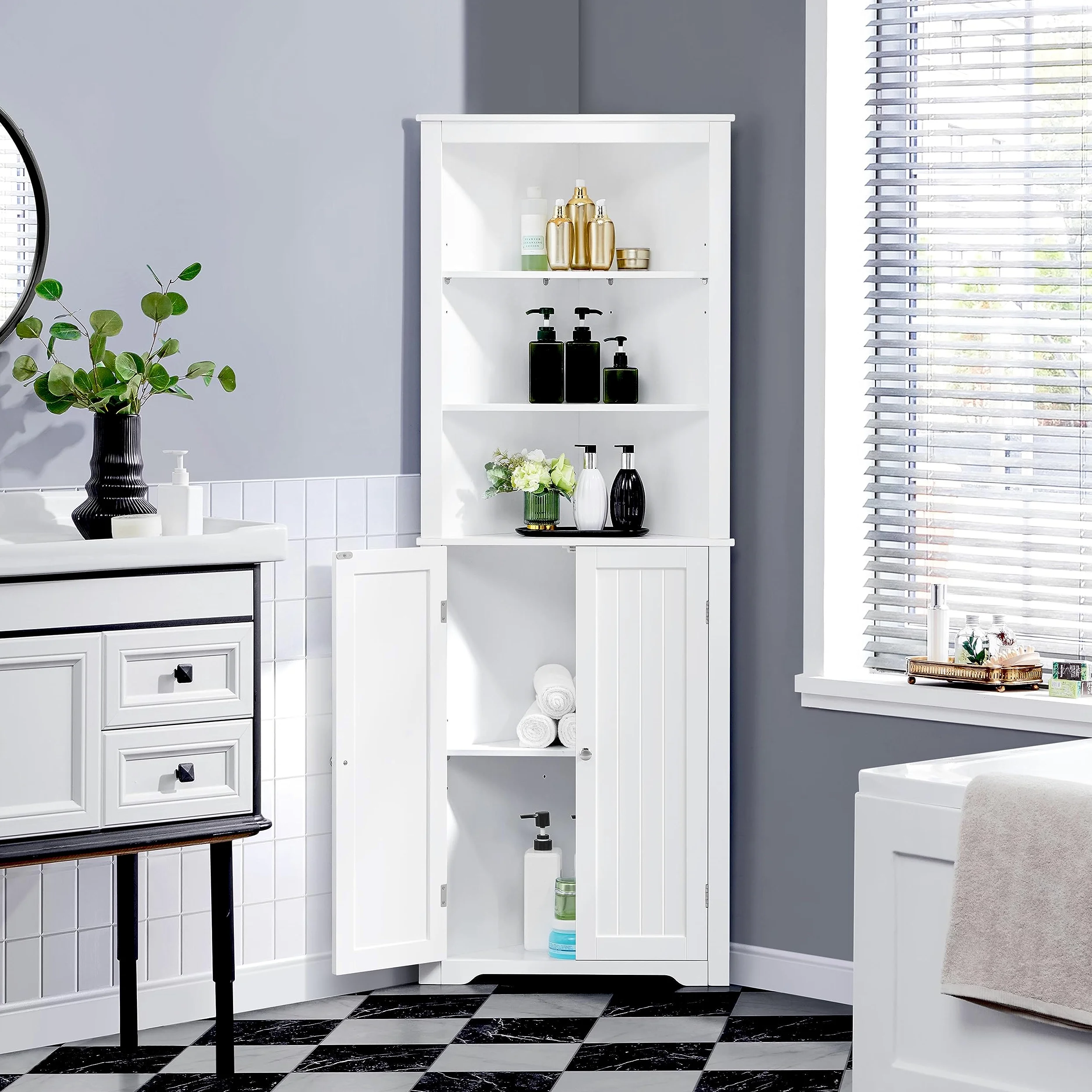 Yaheetech Mobile da Bagno Armadietto a Colonna Alto d'Angolo 163 x 60 x 43 cm Mobiletto Cucina Autoportante con 3 Ripiani Aperti in Legno Armadio Triangolo Moderno Multiuso da Terra Bianco
