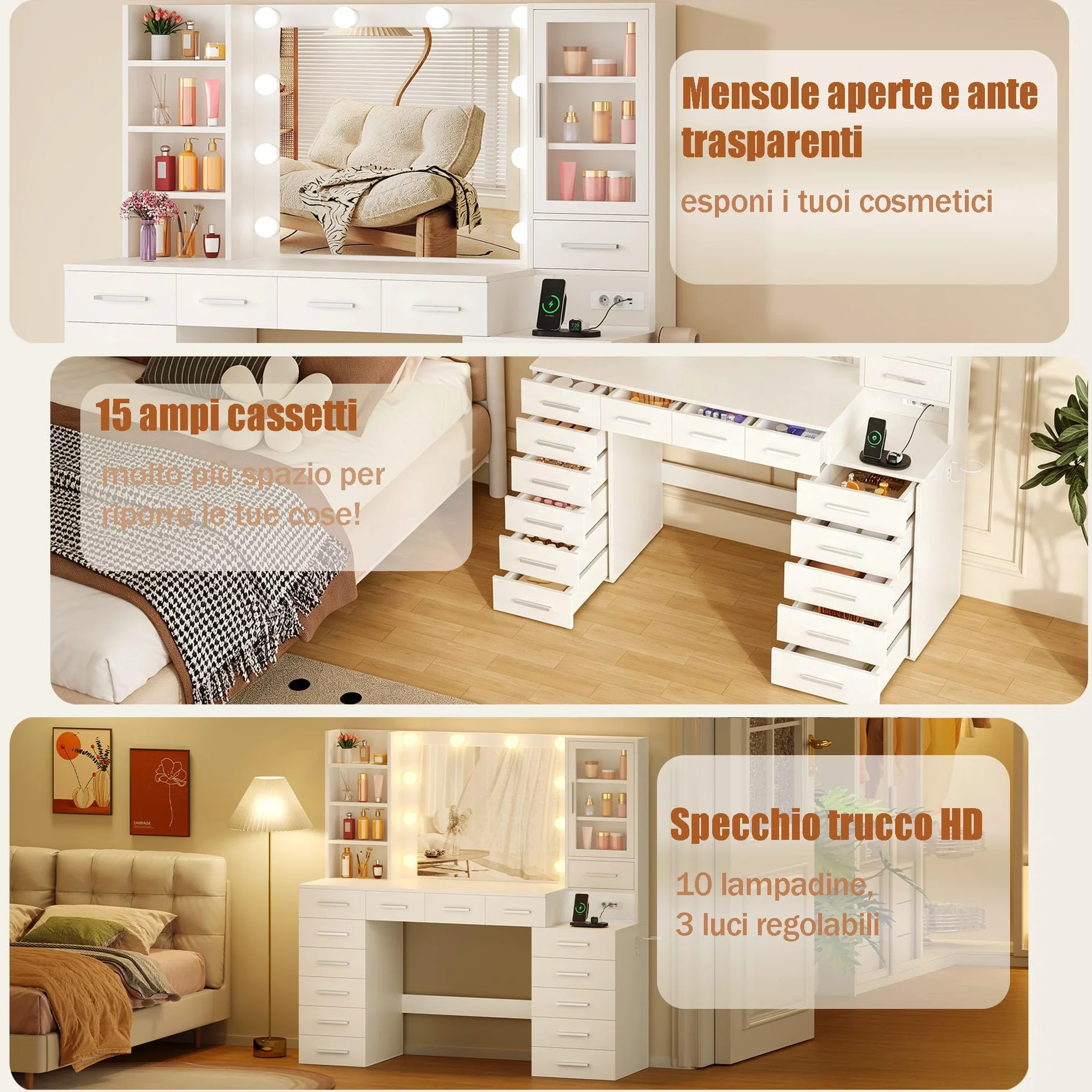 ANWBROAD Grande Toeletta con Specchio e Luci, Luminosità Regolabile, Bianco | Toeletta Trucco con Prese, Tavolo da Trucco con 15 Cassetti e 7 Ripiani Aperti per Camera da Letto Postazione Trucco BDT37W