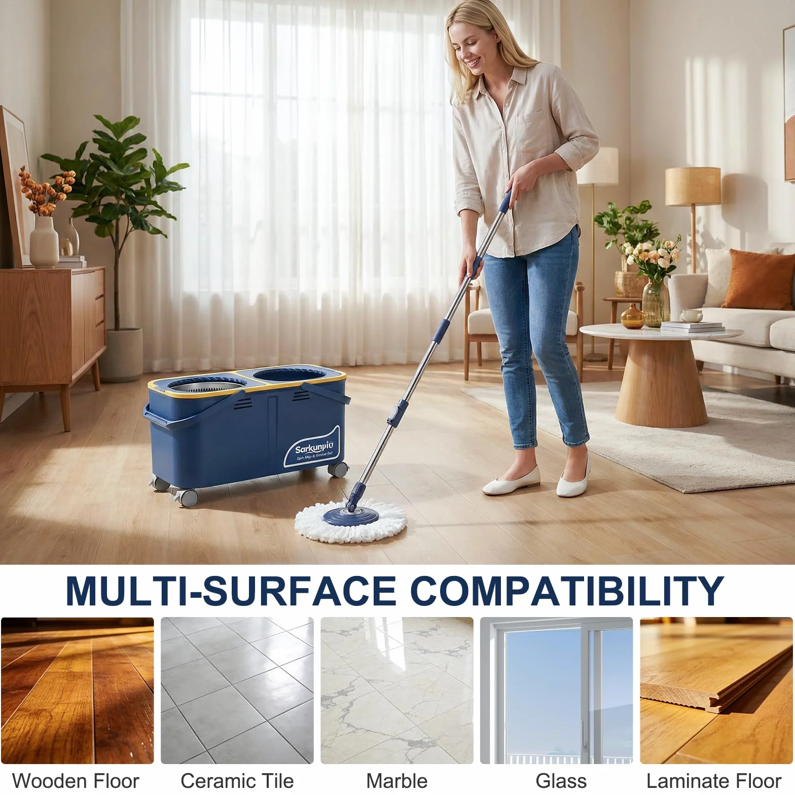 Mocio e Secchio Lavapavimenti, Set Mop e Secchio con 4 Camere e 4 Ruote, Separazione Acqua Pulita e Sporca, 360° Mocio Rotante con Strizzatore Sistema di Pulizia Pavimenti con 6 Teste di Mop