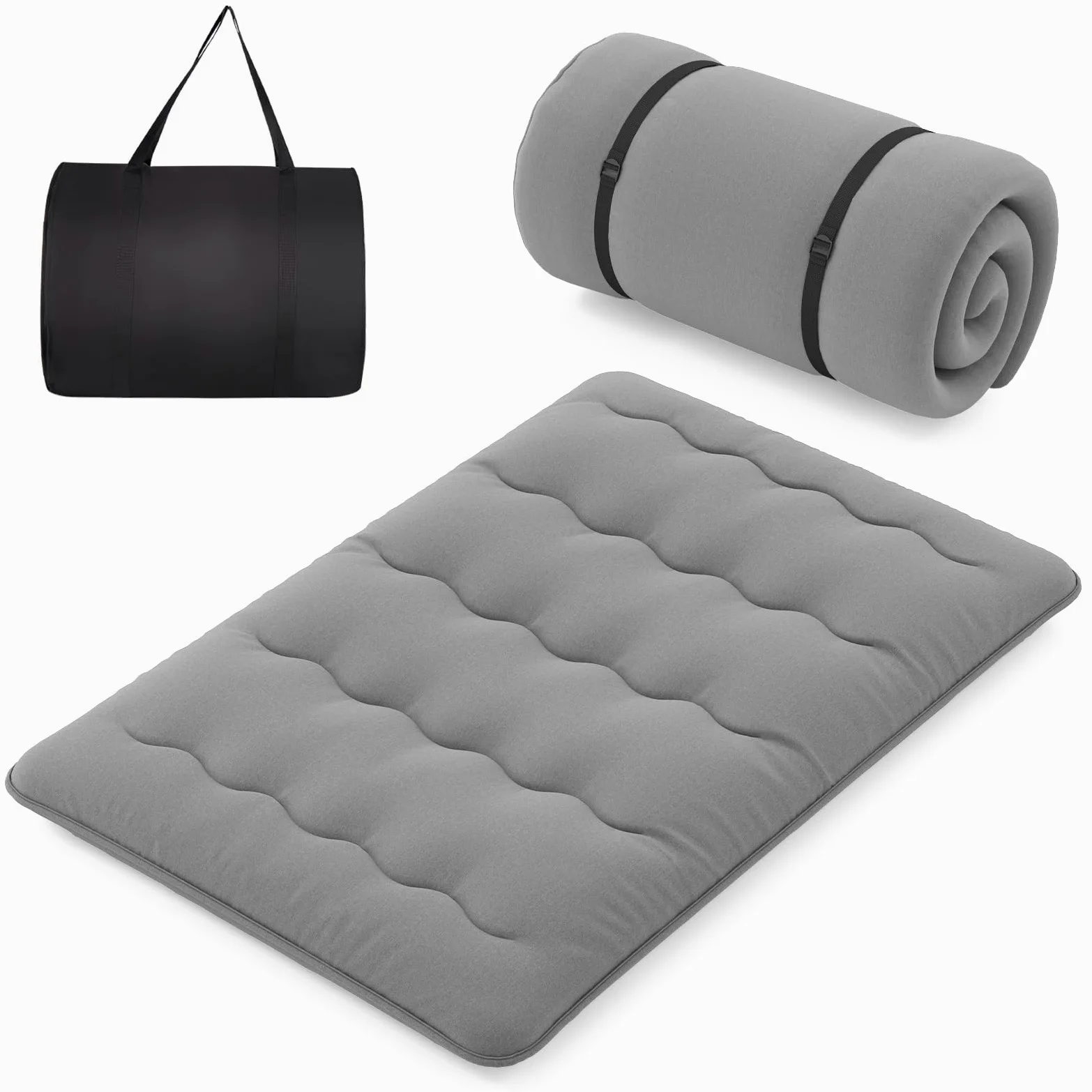 COSTWAY Materasso Futon Pieghevole, Materasso Portatile con Sacca da Trasporto per Camping, Materasso da Terra con Copertura Lavabile (Grigio,200 x 140 cm)
