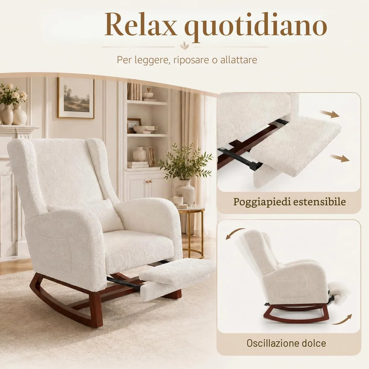 Poltrona a dondolo con poggiapiedi, sedia a dondolo, poltrona a dondolo relax a dondolo cuscino lombare, con tasca laterale e braccioli, sedia a dondolo camera (Sherpa, bianco sporco)