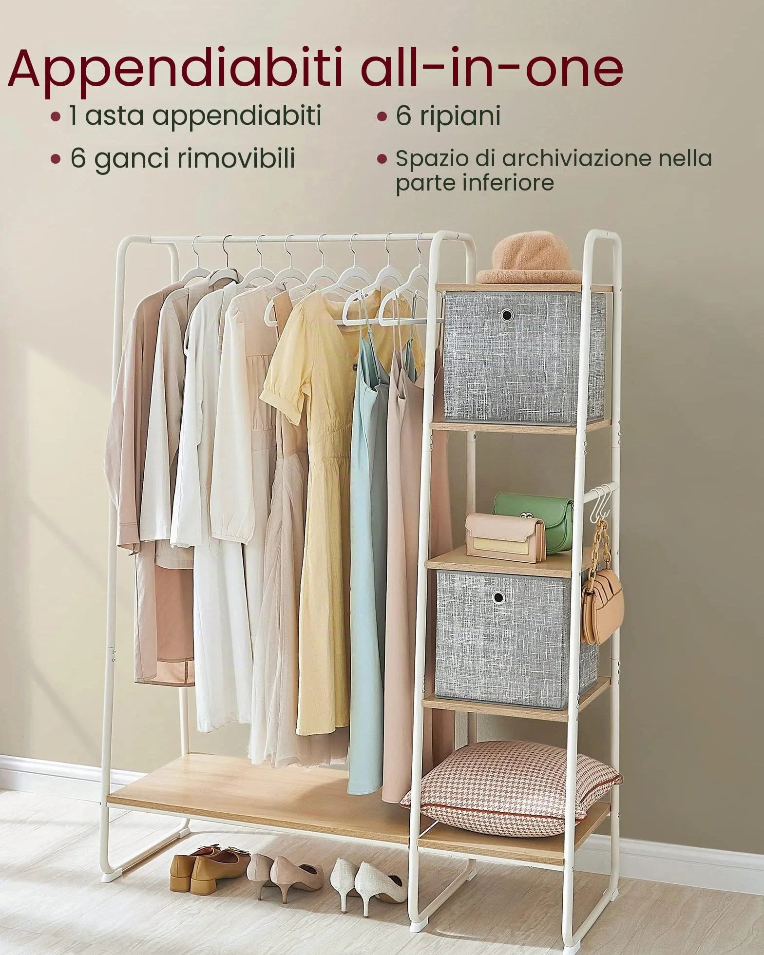 VASAGLE Appendiabiti da Terra con Scarpiera, 5 Ripiani, 6 Ganci Laterali, Rovere e Bianco Opaco RGR116W09