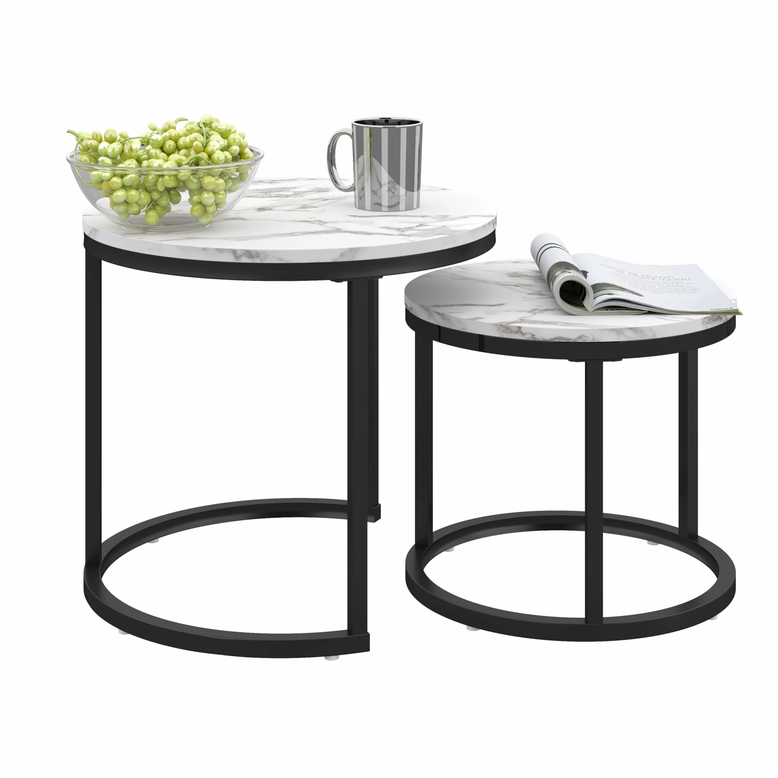 Tavolino Salotto Rotondo, Set di 2 Tavolino Soggiorno Moderno, Gamba in Metallo Nero, Adatto per Soggiorno, Caffetteria, Lounge 50x45cm +40x35cm (Bianco+Nero)