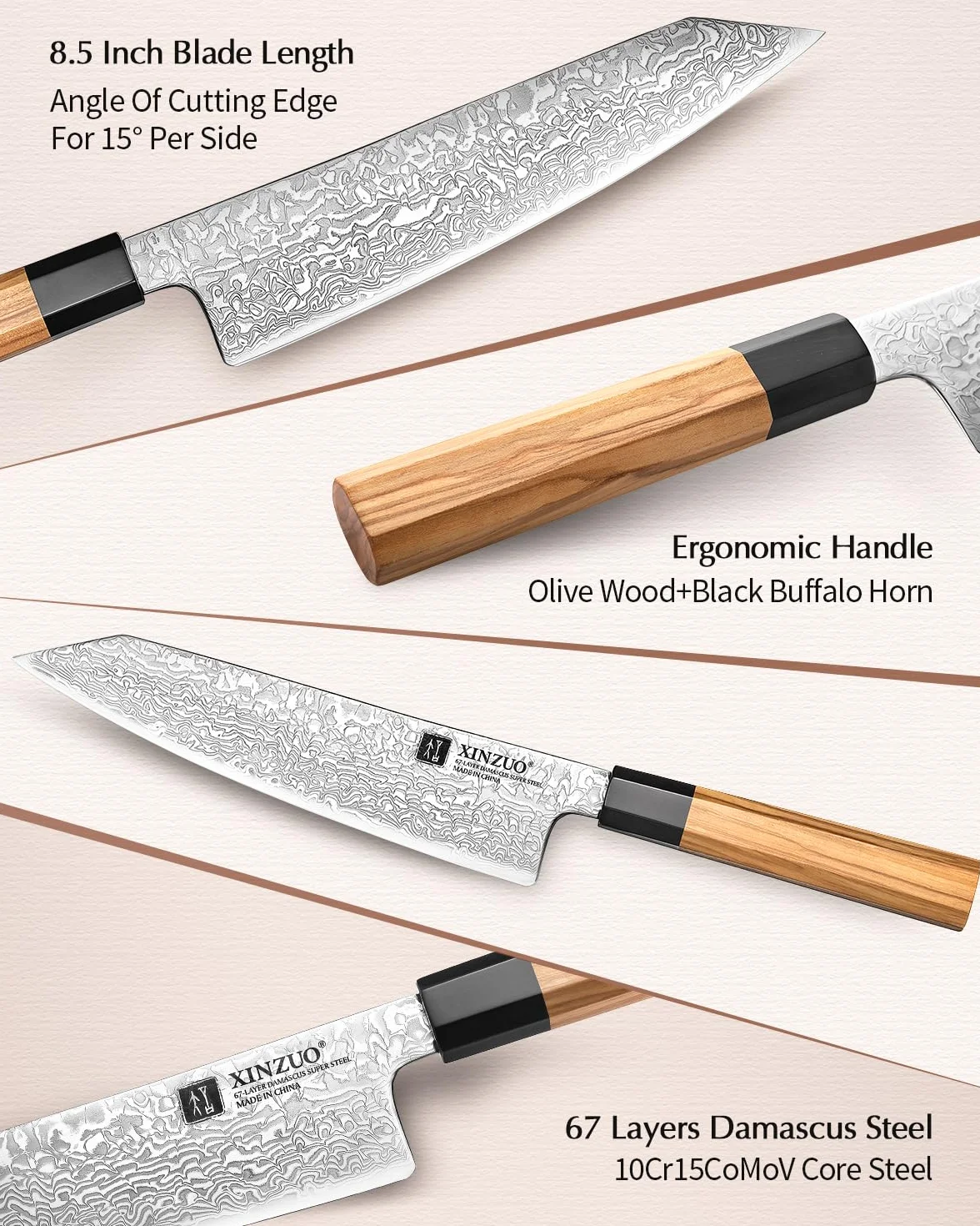 XINZUO Coltello da Cuoco Kiritsuke 21,5cm Acciaio Damasco Stile Giapponese Forgiato a Mano