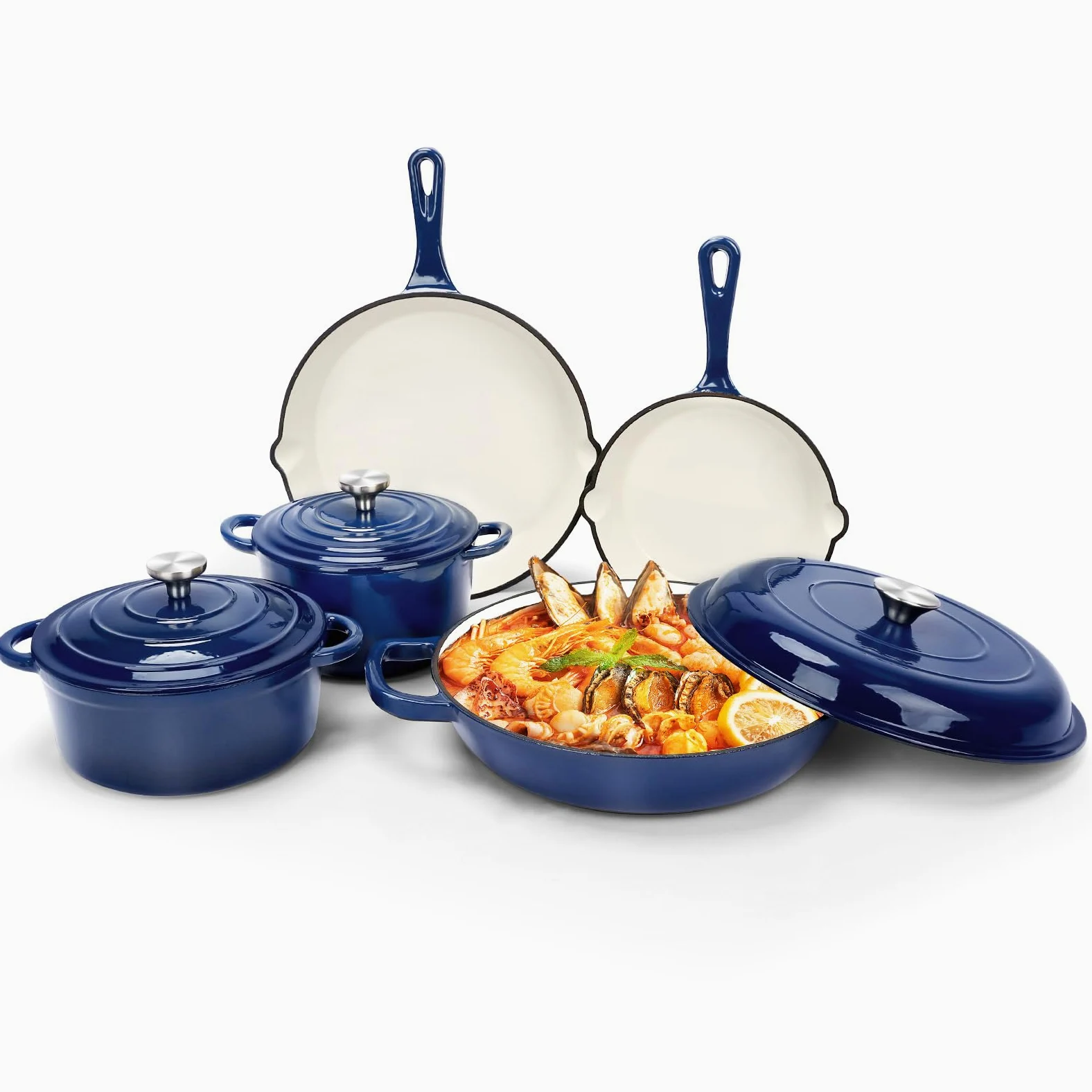 GFTIME Set di Pentole in Ghisa Smaltata – Set da 8 Pezzi Antiaderente di Casseruole e Padelle con Coperchi, Forno Olandese, Padella, Casseruola per Tutti i Tipi di Piani Cottura, Ideale per la Cottura