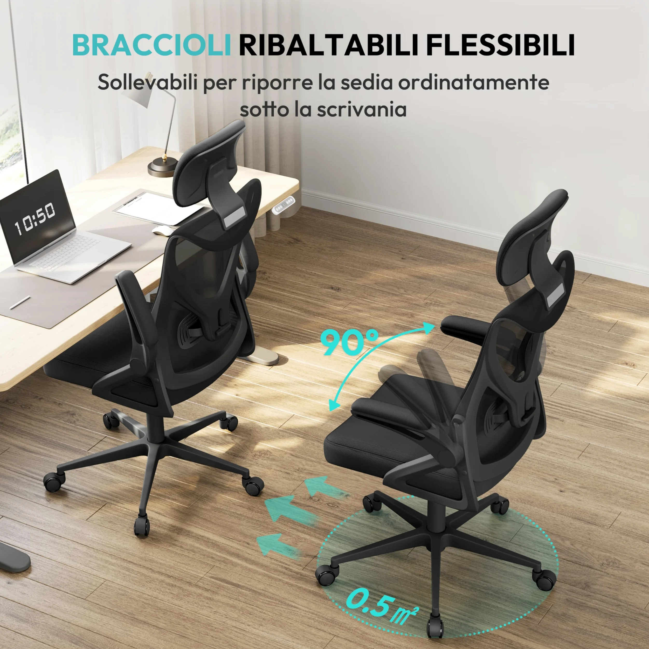 Yaheetech Sedia Ufficio Ergonomica con Braccioli Poggiatesta Regolabile Schienale Alto Funzione Dondolo Poltrona Scrivania Girevole in Rete Traspirante con Supporto Lombare Nera