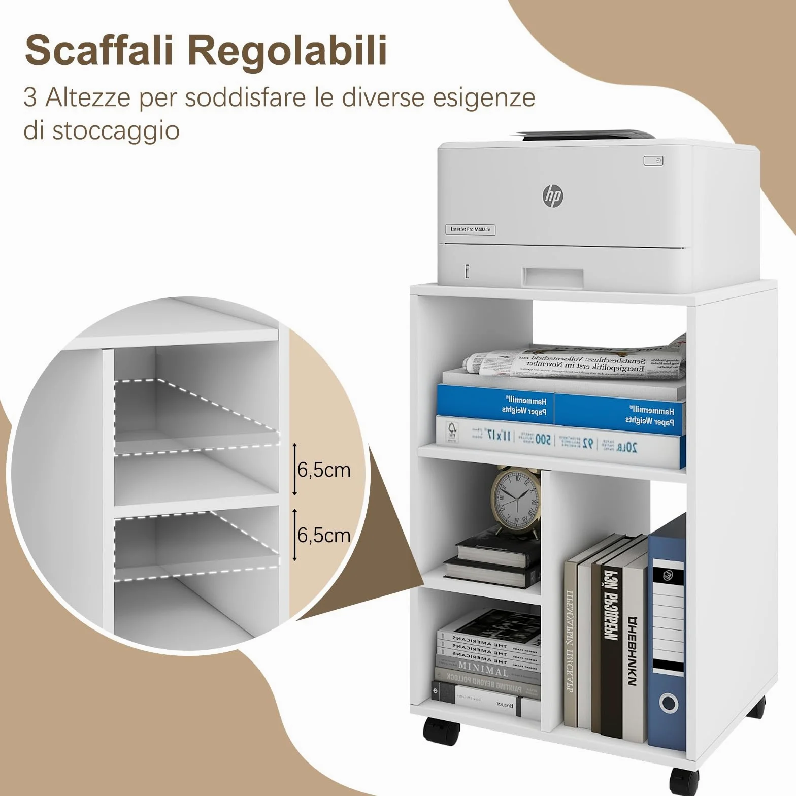 PUNCIA Mobiletto per Archivio Mobile 50x40x75 CM Armadietto Portadocumenti in Legno Schedario da Ufficio 5 Scomparti Aperti Armadio Stile Industriale per File Mobili per Ufficio e Casa (Bianco)