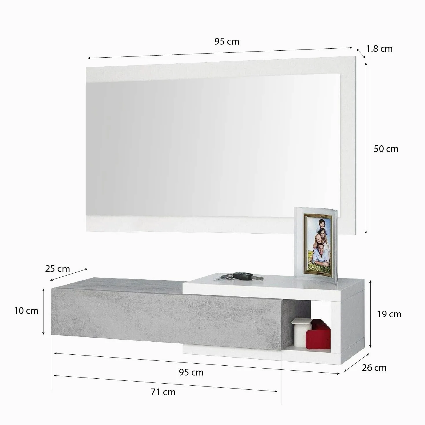 Bricozone Mobile da Ingresso con Cassetto Specchio e Mensola Sospeso per Casa Ufficio Bianco e Grigio Cemento 95 x 26 x 19 cm