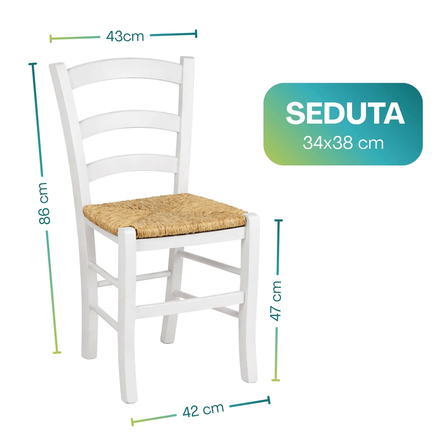 VIRSUS Set 4 Sedie Paesana in Legno con Seduta in Paglia, Misura 43x42x86 cm, Sedia Tradizionale Robusta, per Casa, Cucina, Agriturismo, Ristorante, Made in Italy (Bianco)