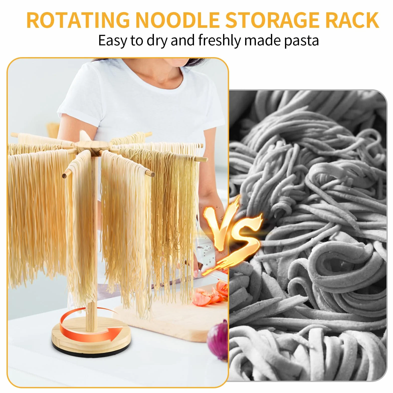 Asciugapasta in Legno con 9 Bracci Rimovibili e Base Girevole, Porta Fino a 4.5kg, Ideale per Pasta Fresca Italiana e Cinese