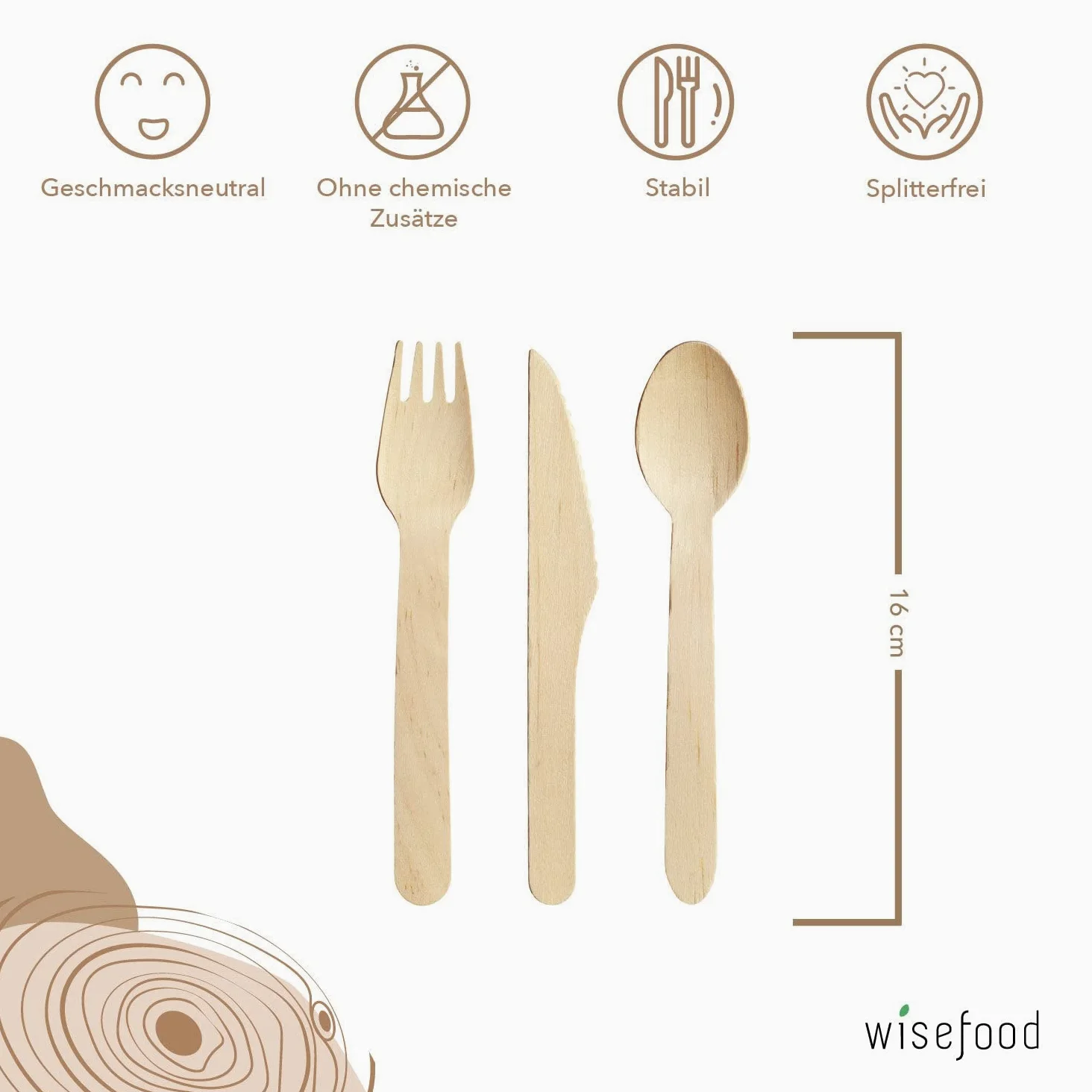 Wisefood - Set di posate monouso in legno di betulla, 100 forchette, 100 coltelli, 100 cucchiai in legno, set da 300 posate monouso da 16,5 cm, biodegradabili e infrangibili (10 pezzi)