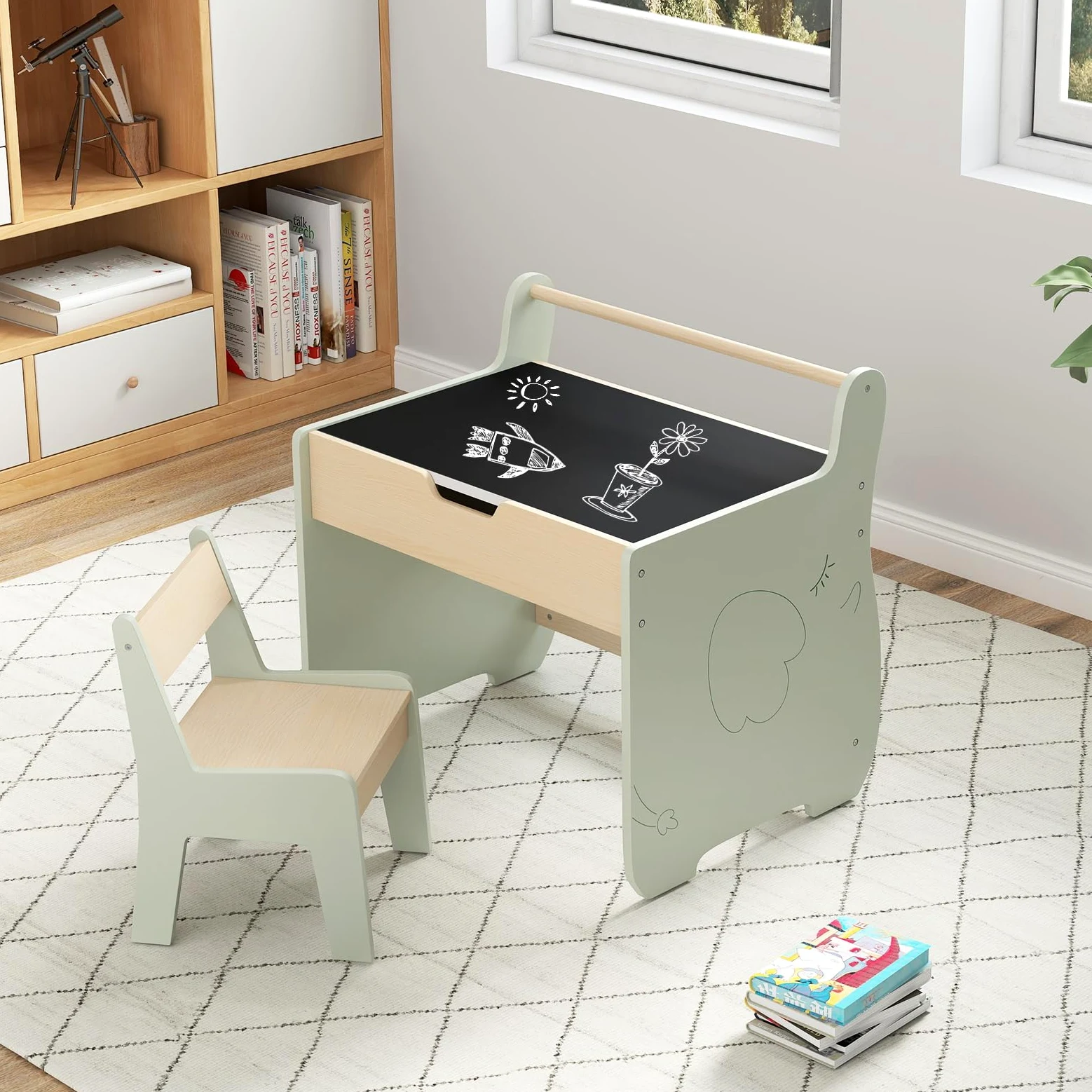 RELAX4LIFE Set Tavolo e Sedia 2 in 1 per Bambini, Scrivania in Legno con Piano Bifacciale Rimovibile, Ampio Spazio Archiviazione, Design Multifunzionale per Camera dei Bambini (Verde+Naturale)