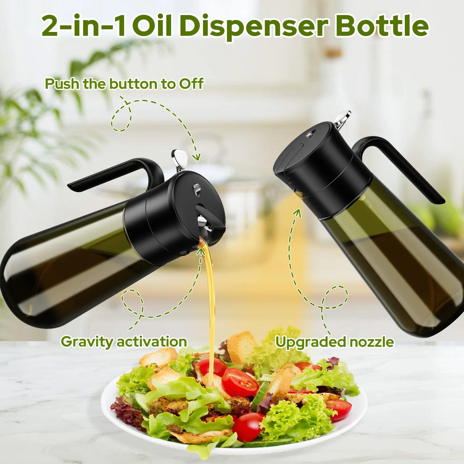 Euqvunn Dispenser Olio 2-in-1 con Pennello, Oliera Spray Vetro Oscurato 580ml per Condimenti e Cottura
