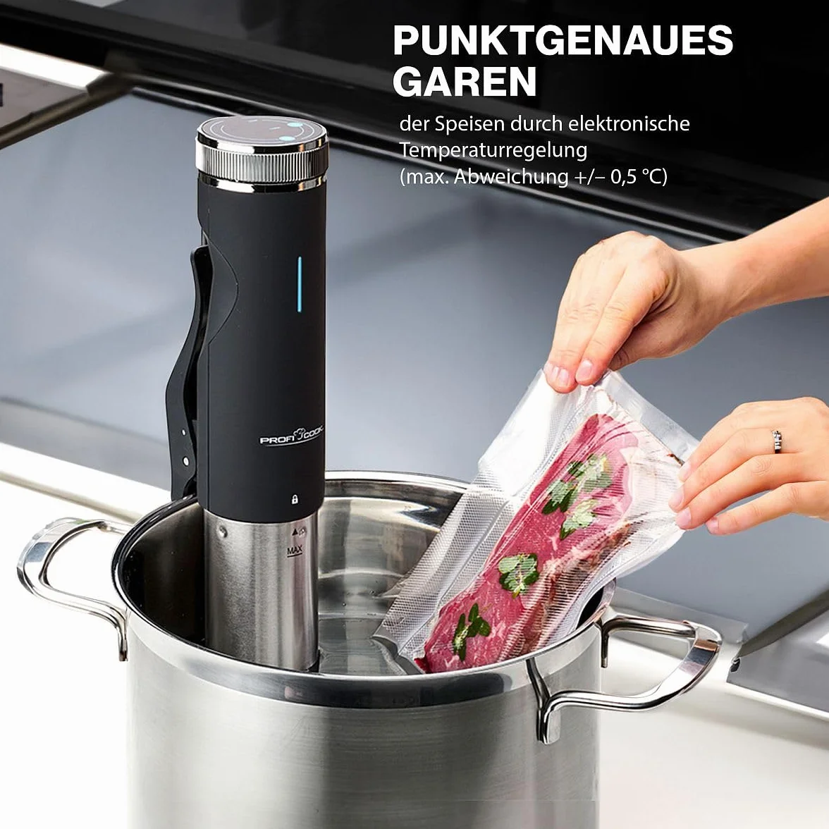 Profi Cook della SV 1126 Sous Vide Stick, Acciaio Inox, 800 W, 8 Litri, Display LED, Timer