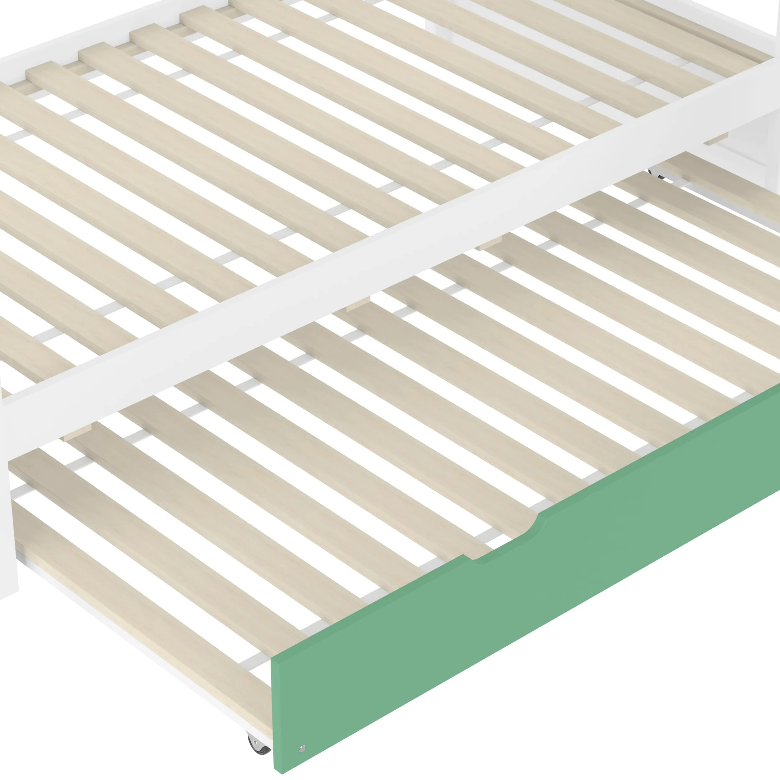 Moimhear Lettino a soppalco, con tetto di casa, con finestre, culla in legno, letto a castello con scivolo, pino+MDF, bianco+verde (90 x 200 x 2 + 90 x 190 cm, con letto estraibile)