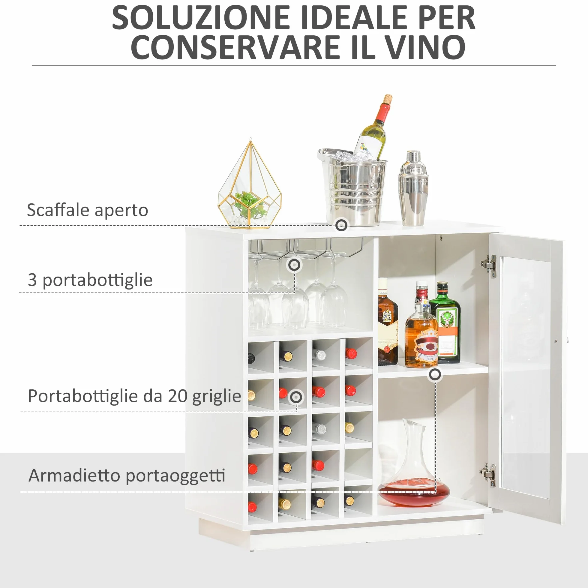 HOMCOM Mobile Portabottiglie per 20 Bottiglie, Porta Vini con Anta in Vetro, Cantinetta Portabottiglie con Porta Calici e Armadietto, 80x36x85 cm, Bianco