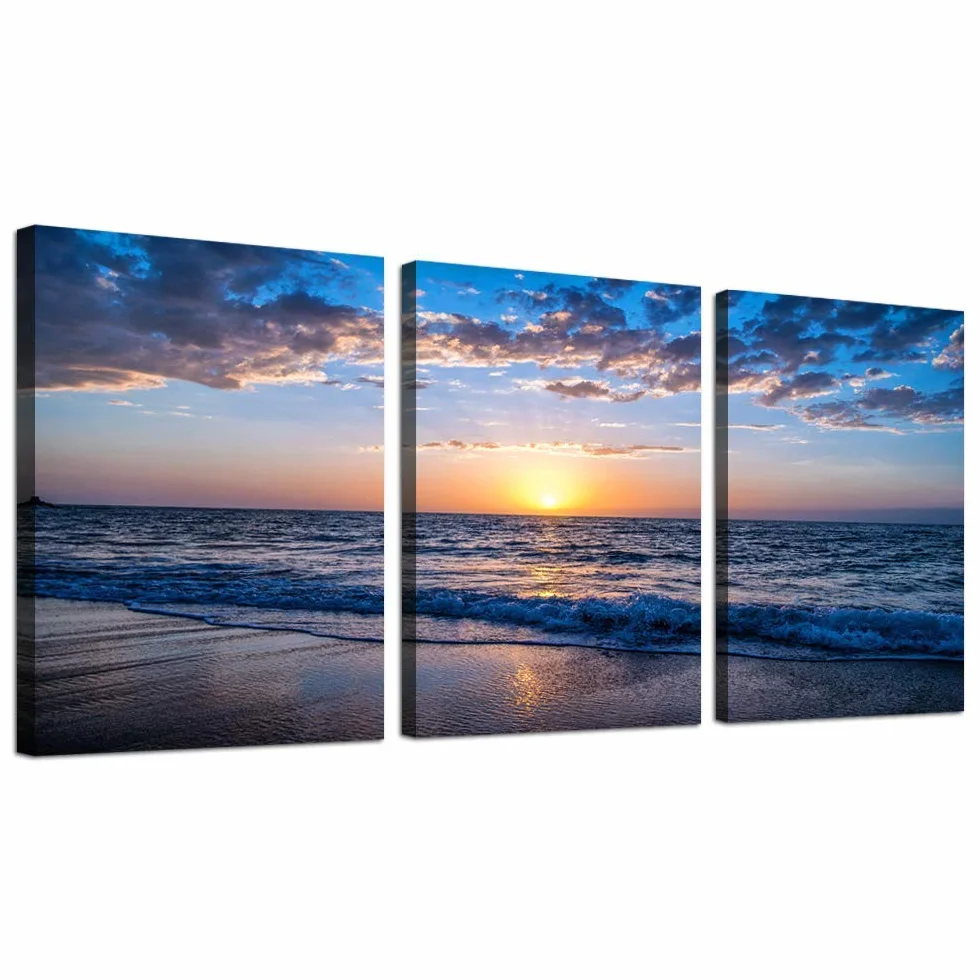 hyidecorart Quadro Moderno Soggiorno, 3 Pezzi Quadri Spiaggia Tramonto Stampe Su Tela, Decorazioni Camera Da Letto Bagno Cucina Ufficio Sala Da Pranzo Bar
