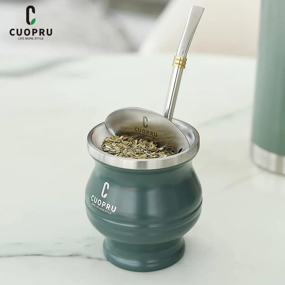 Cuopru Yerba Mate Set – Moderna Mate Cup, Shaper, Bombilla, Spazzola per Pulizia (Verde Militare)