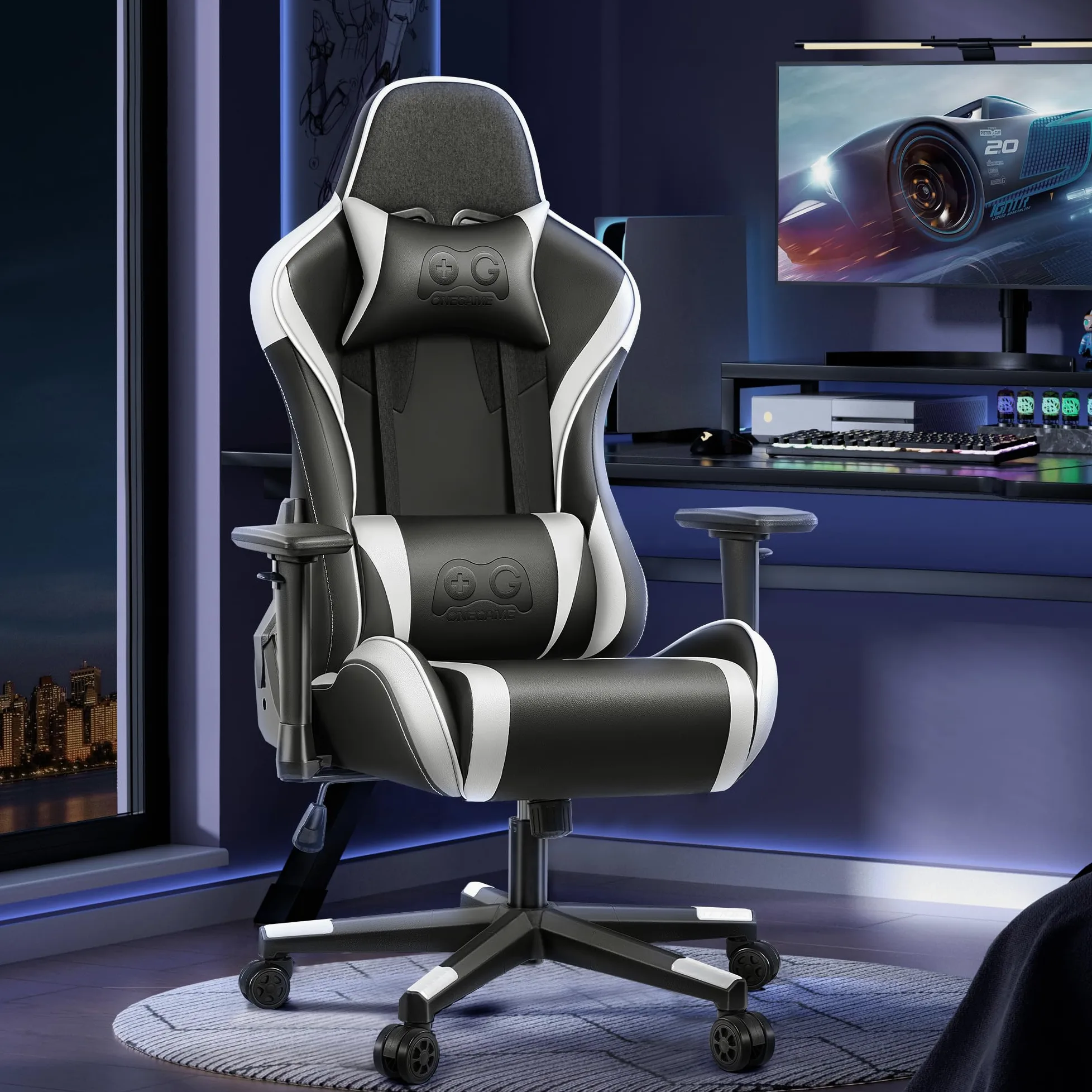 OneGame Sedia Gaming, 3D Braccioli Ergonomico Sedia da Gioco per Computer, Ufficio Regolabile in Altezza, Girevole con Cchienale Regolabile 155°, Bianco