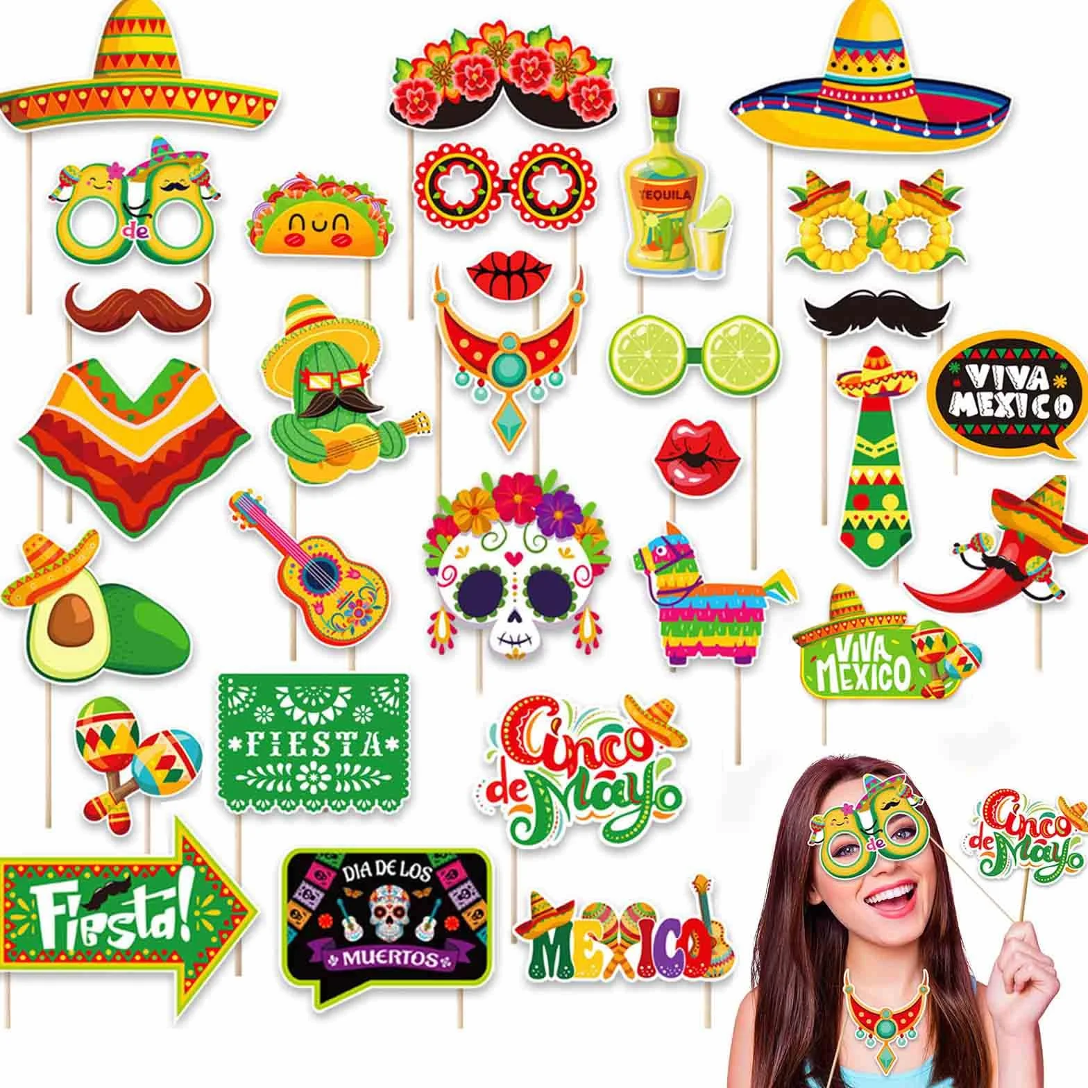 Set Decorazioni per Festa Messicana - 30 Pezzi di Accessori Fotografici Divertenti, Sombrero, Peperoncini, Labbra, Cactus, Occhiali e Molto Altro - Perfetto per Party a Tema Messicano e Carn
