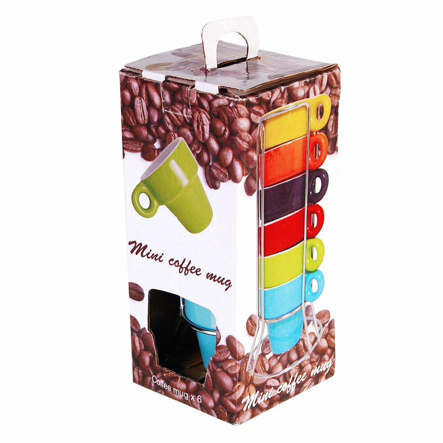 Set di 6 Mini Tazze da Espresso con Supporto in Metallo, Ceramica, 5,5 x 7 cm