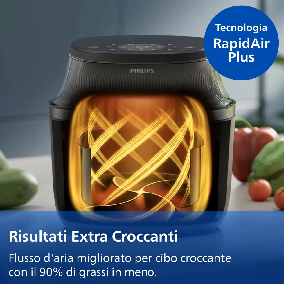 Philips Airfryer Serie 3000: Friggitrice ad aria da 6,2L con finestrella, Tec. RapidAir Plus, 16 modalità di cottura, 90% grassi in meno, facile da pulire, touchscreen, risparmio energetico (NA330/00)
