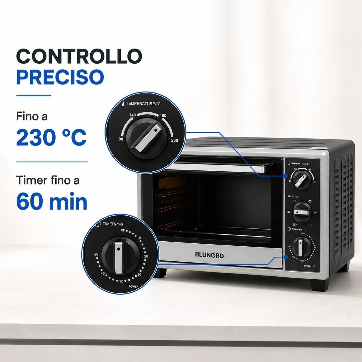 Blunord Bluf23prof Forno Elettrico Professionale 23L 1380W Ventilato Grill Timer Termostato Regolabile Easy Clean Nero Lucido