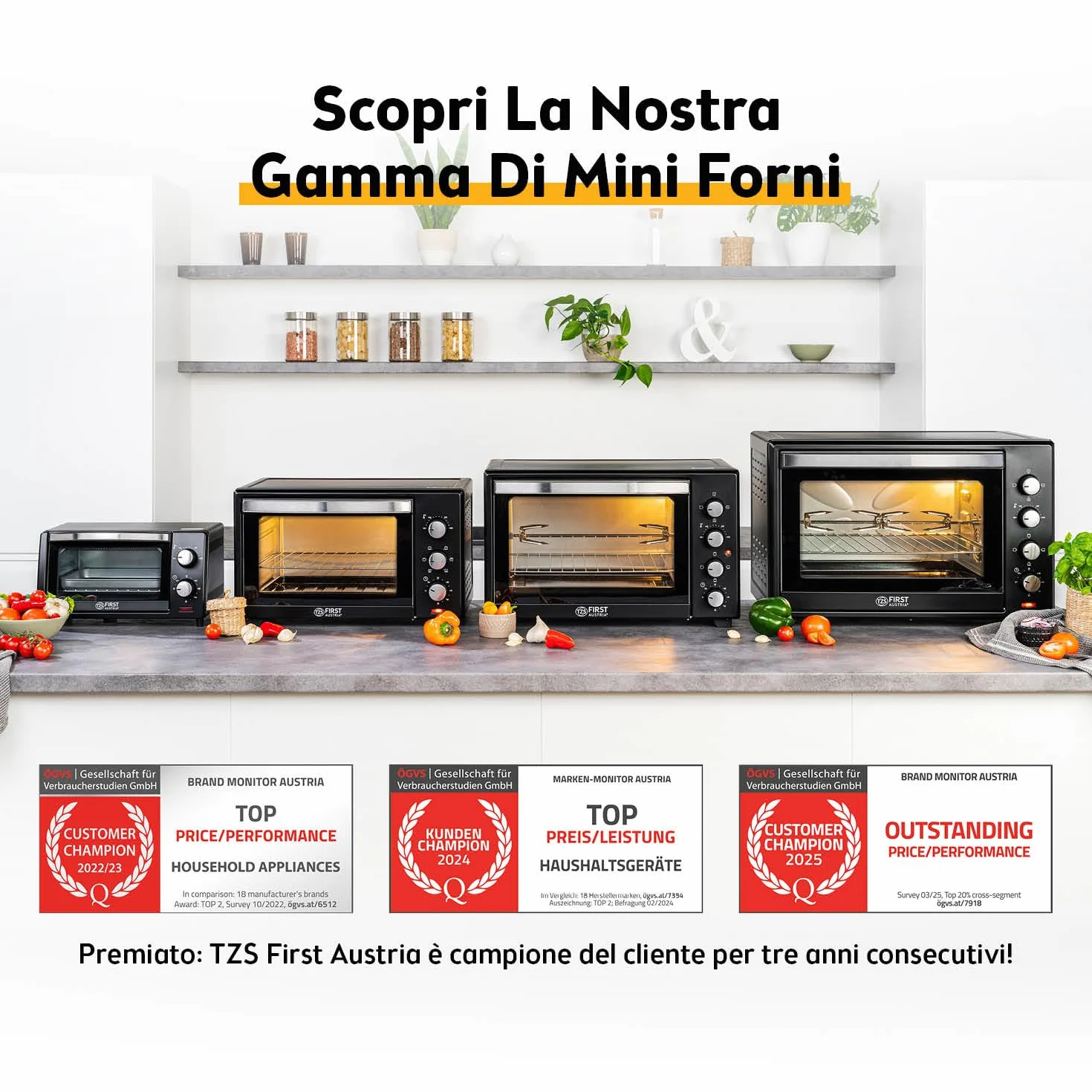 Forno Mini 10L 800W First Austria Fornetto con regolazione temperatura 230°C timer 60 min 2 altezze teglia griglia