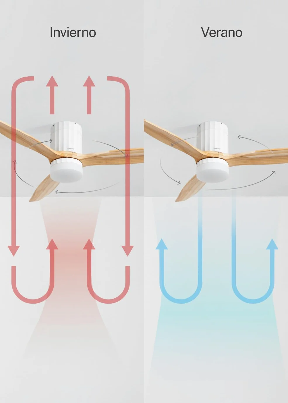 CREATE / WINDCALM LINE/Ventilatore da soffitto bianco con luce Wifi e telecomando, pale Legno chiaro linee verticali / 40W, Timer, Ø132 cm, 6 velocità, 3 temperature di luce, funzione estate-inverno