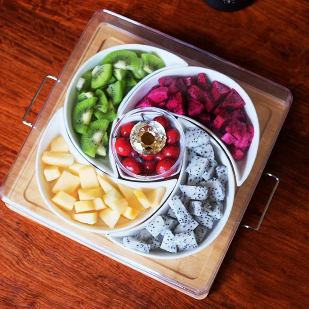 Separated Ceramic Dried Fruit Platter Square Snack Candy Nut Box Combination with Lid Snack Tray